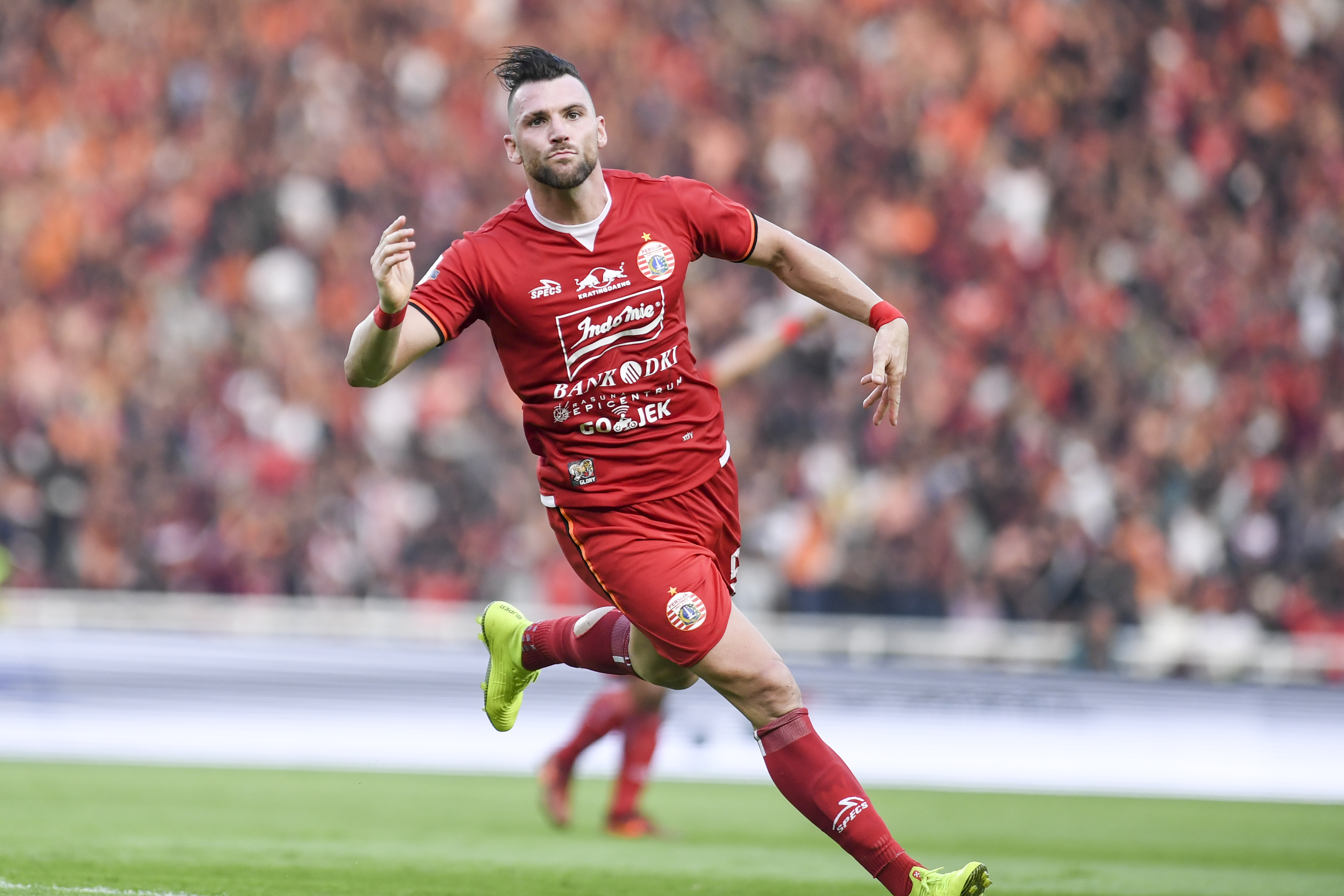 Pesepak bola Persija Jakarta Marko Simic melakukan selebrasi seusai mencetak gol 