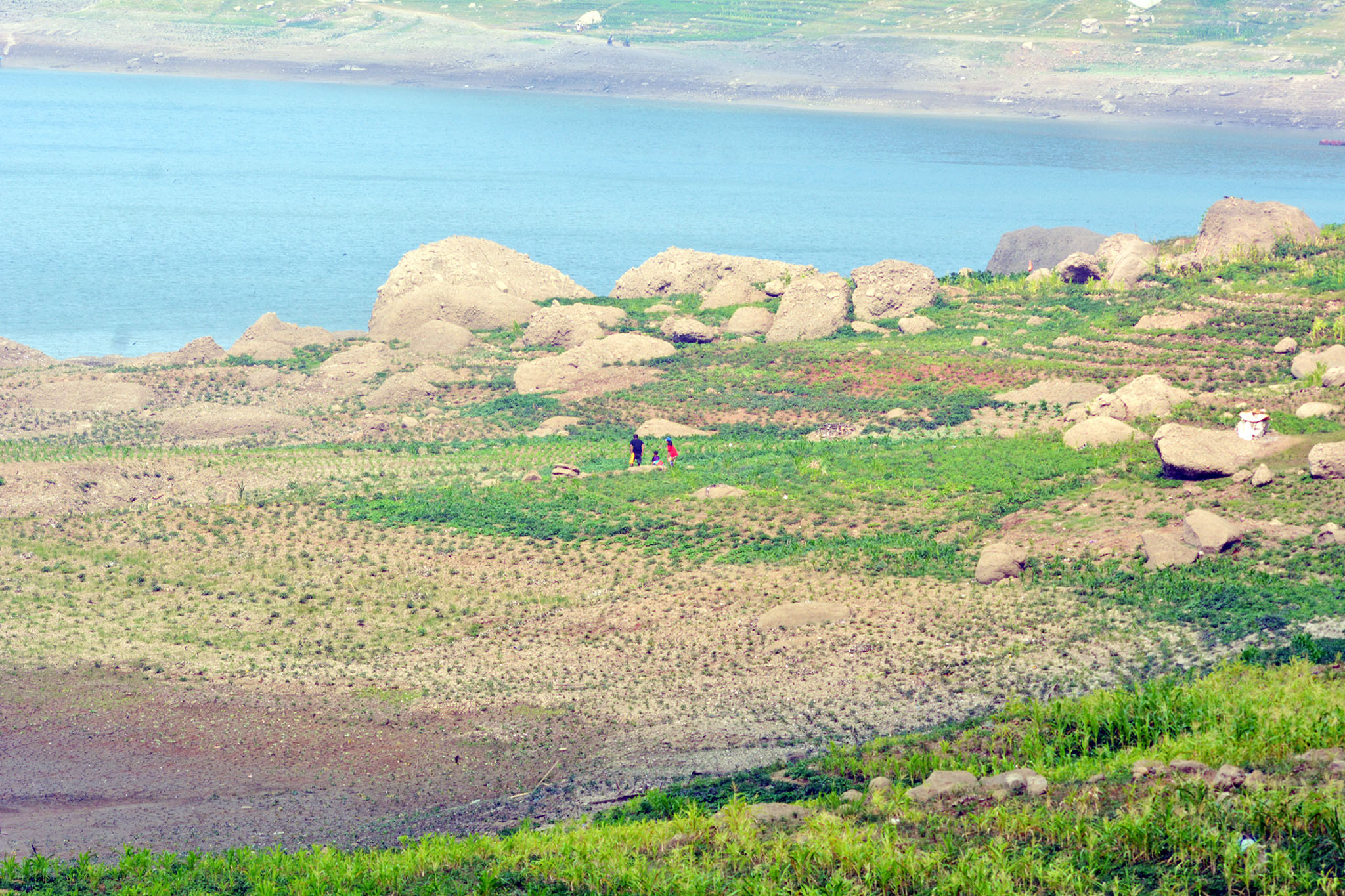 Sejumlah warga terlihat beraktivitas di sekitar Waduk Sempor, Kebumen, Jawa Tengah yang mengering.