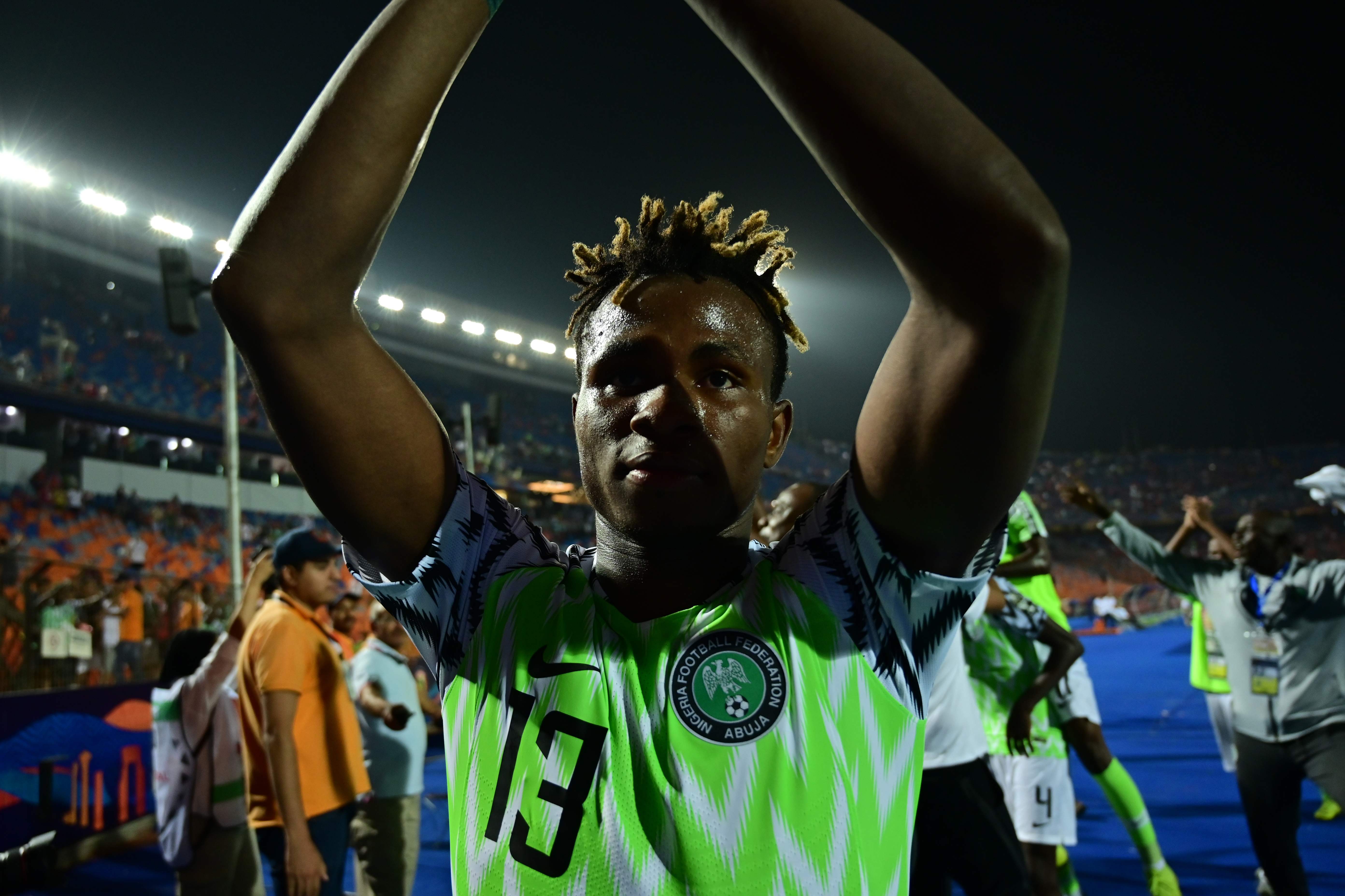 Pemain depan Nigeria Samuel Chukwueze merayakan kemenangan selama pertandingan final perempat final Piala Afrika 2019