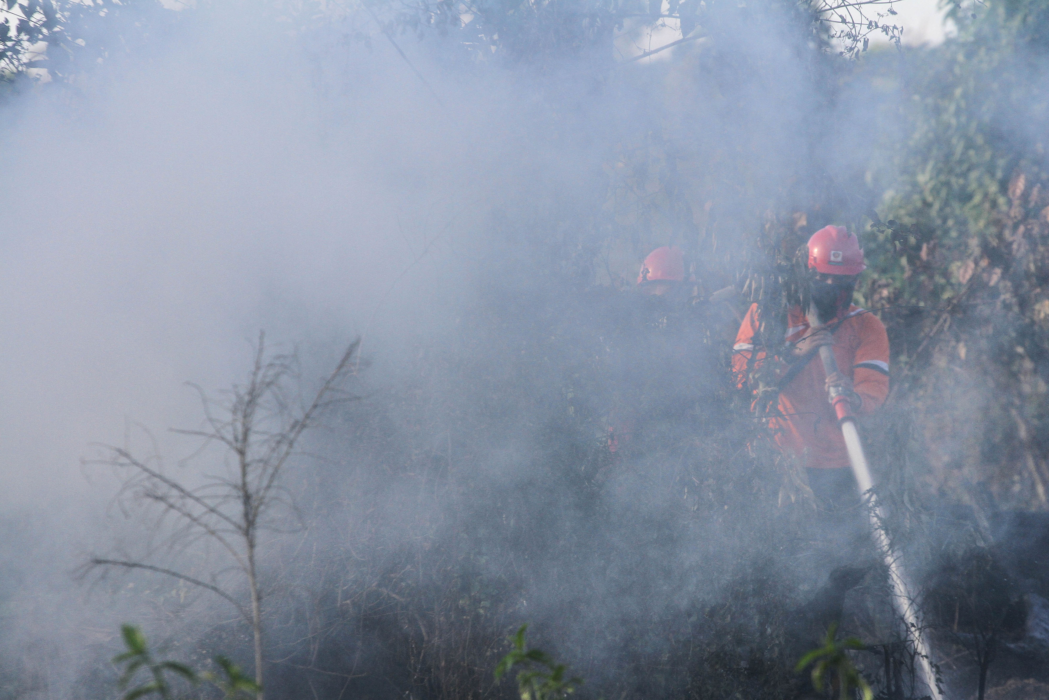 Petugas Manggala Agni Daops Pekanbaru menyemprotkan air ke lahan gambut yang terbakar di Desa Karya Indah, Kabupaten Kampar, Riau.