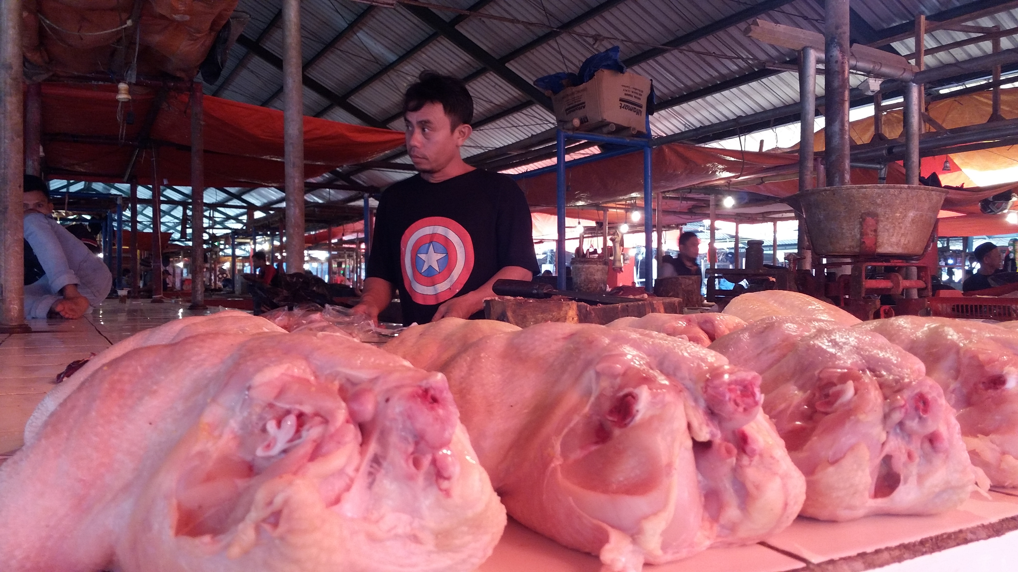 Pedagang ayam menjajakan dagangannya. Harga daging ayam di Aceh mengalami kenaikan. 