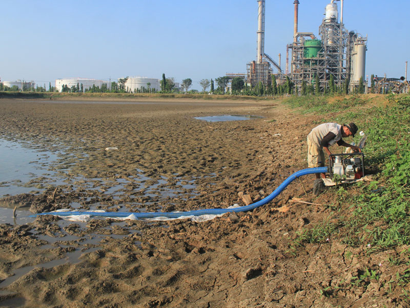 Petani memompa air dari telaga Balong di Balongan, Indramayu, Jawa Barat.
