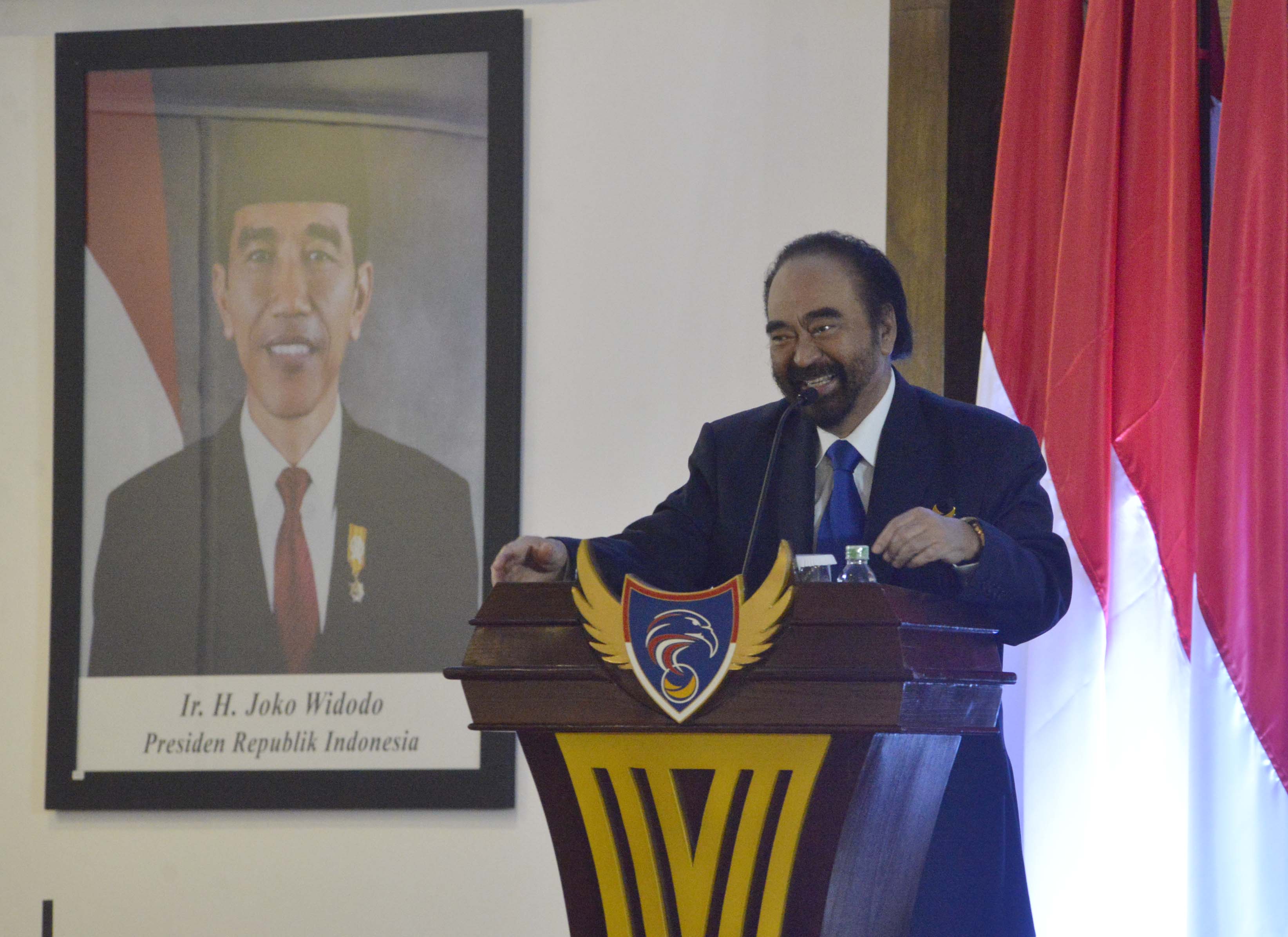 Ketua Umum Partai NasDem, Surya Paloh, di Kampus Akademi Bela Negara (ABN) Partai NasDem, Jakarta Selatan, Rabu (17/7).