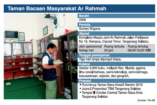 TAMAN Bacaan Masyarakat (TBM) Ar Rahmah berdiri sejak 2009 oleh Suhery Wiguna dan inisiasi dari komunitas Ar Rahmah  