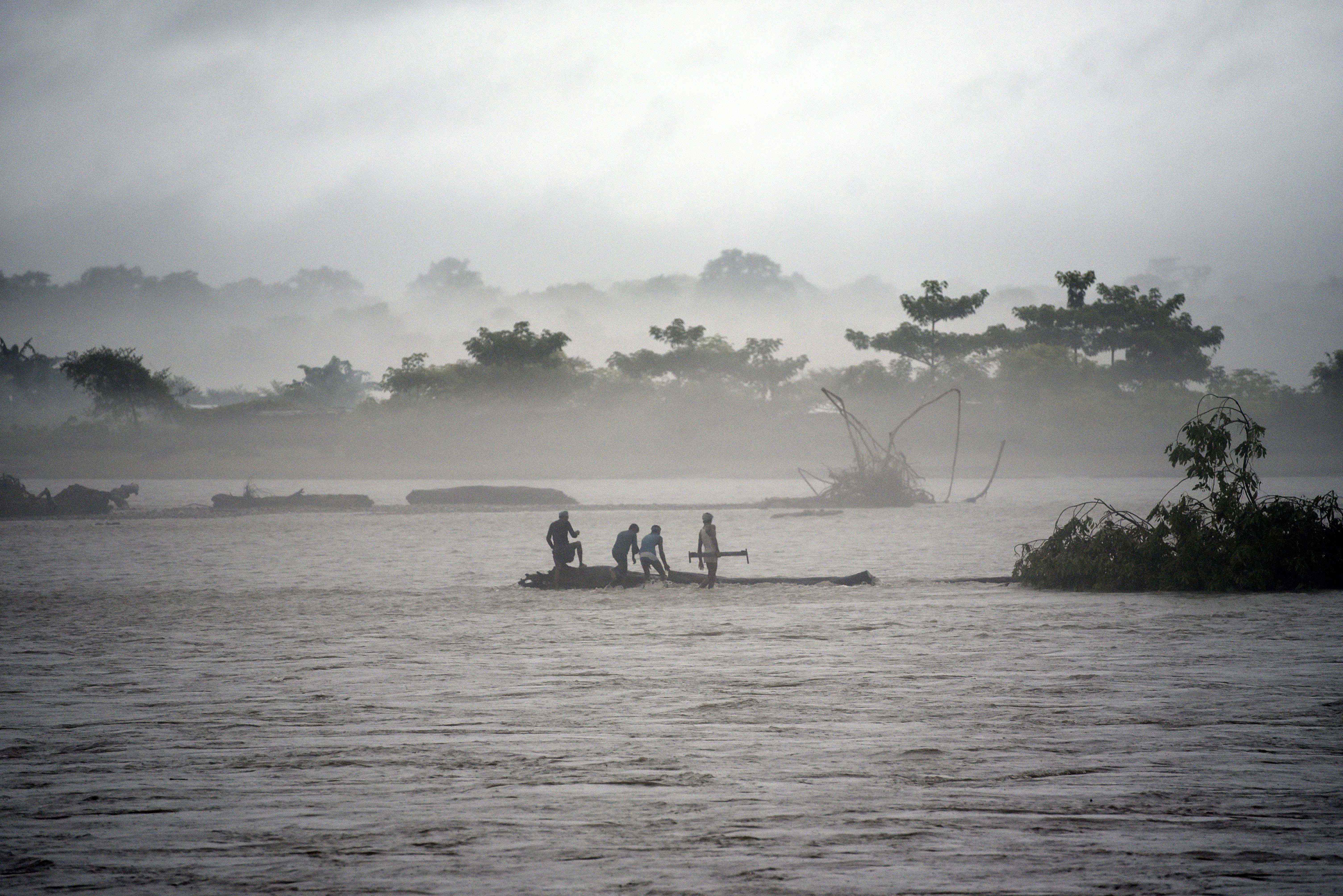 15 Juli 2019, pria India menangkap pohon di sungai Manas yang banjir, setelah hujan lebat di distrik Baksa di Assam, di negara bagian India 