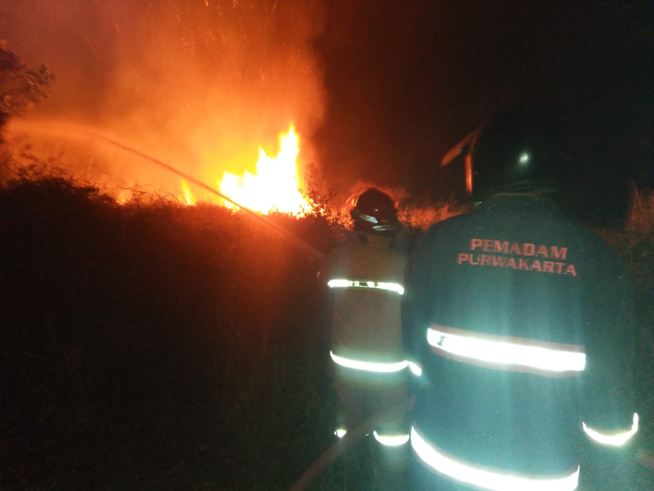 Petugas Damkar Purwakarta tengah berupaya memadamkan api.