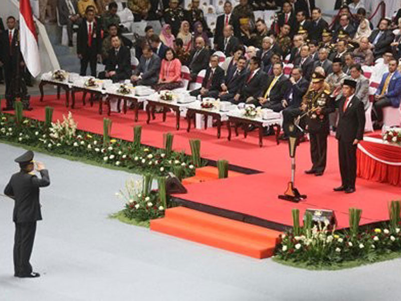 Presiden Joko Widodo pada acara puncak peringatan Hari Ulang Tahun (HUT) ke-73 Bhayangkara.