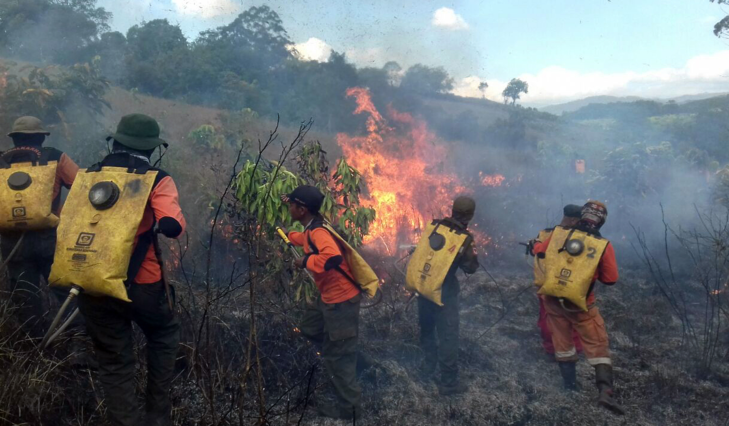  Personel Manggala Agni Kalsel berusaha memadamkan api yang membakar kawasan hutan di Kalimantan Selatan.
