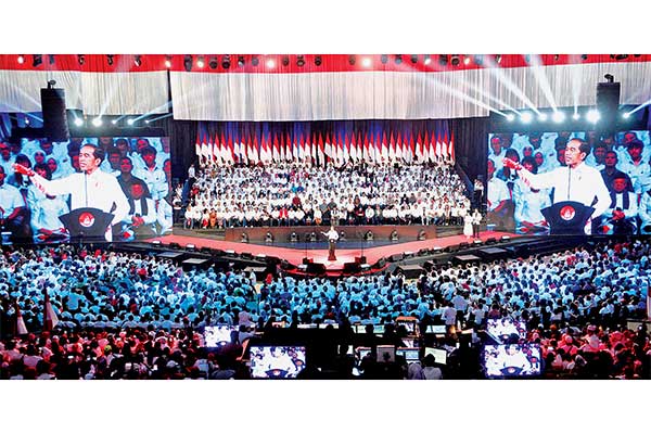 Pidato Presiden terpilih 2019-2024, Joko Widodo, menyampaikan di Sentul International Convention Center (SICC), Sentul, Jawa Barat, kemarin.