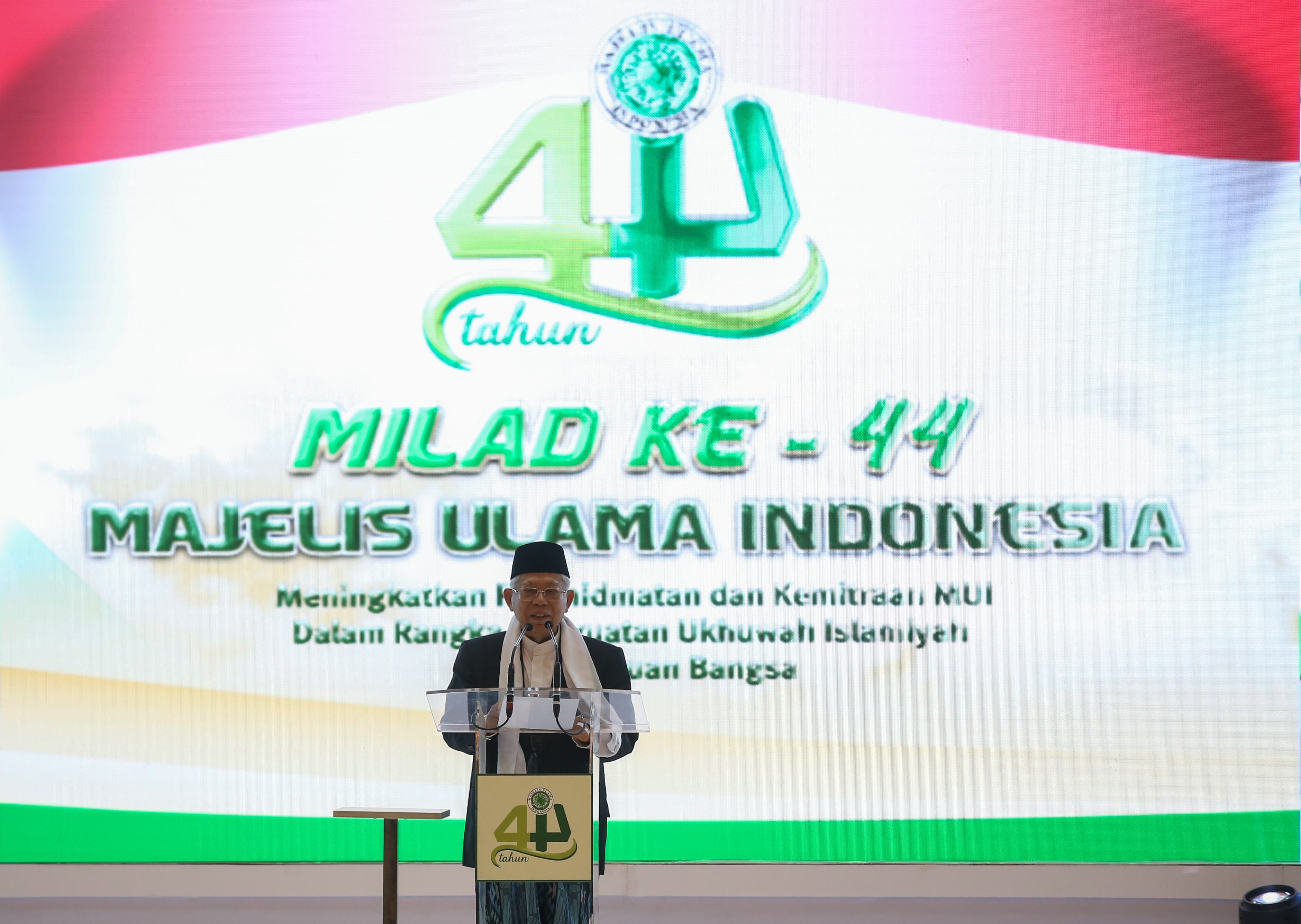 Ketua Umum MUI KH. Ma'ruf Amin menyampaikan sambutan saat Tasyakur Milad 44 Majelis Ulama Indonesia di Jakarta, hari ini.
