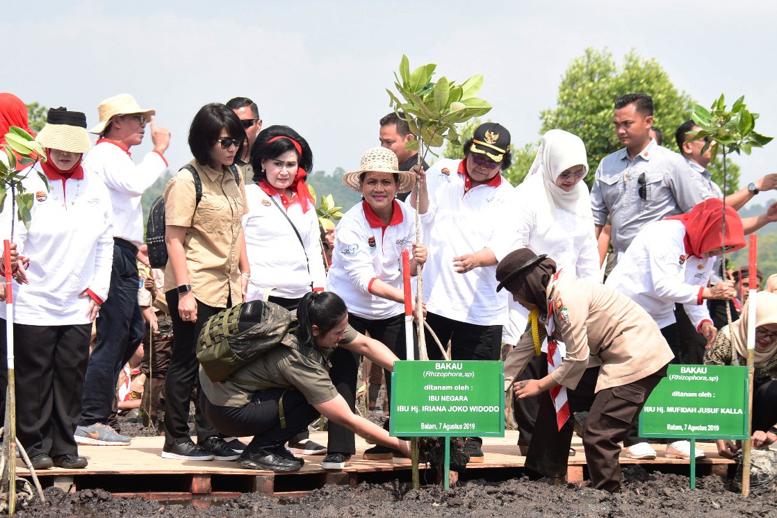Ketua OASE KK Ibu Iriana Joko Widodo (tengah) didampingi Menteri LHK Siti Nurbaya sedang menanam mangrove di Pancur Pelabuhan, Kota Batam.