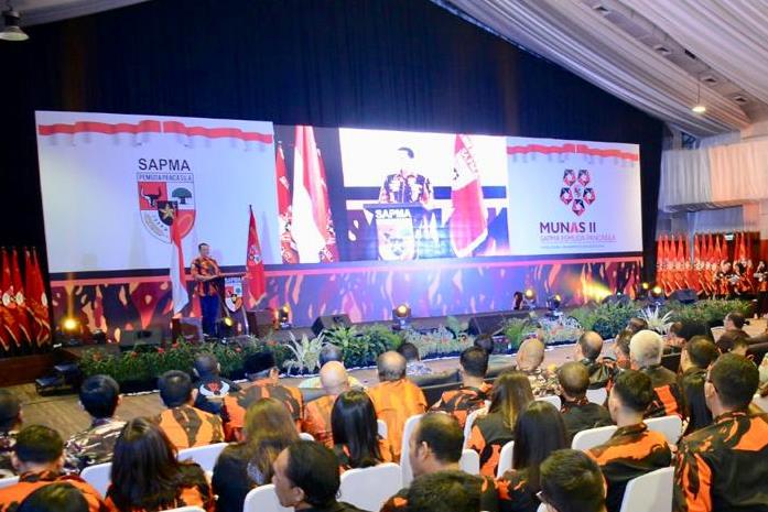 Ketua DPR RI Bambang Soesatyo di Munas SAPMA Pemuda Pancasila, di Jakarta, Jumat (25/8) malam.