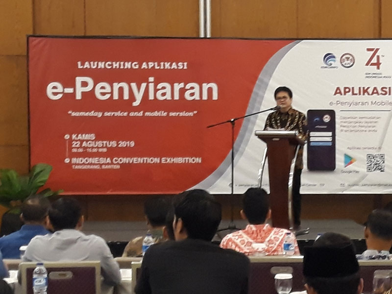 Direktur Jenderal Penyelenggara Pos dan Informatika Kemenkominfo Ahmad M Ramli saat memberikan sambutan peluncuran aplikasi e-Penyiaran 