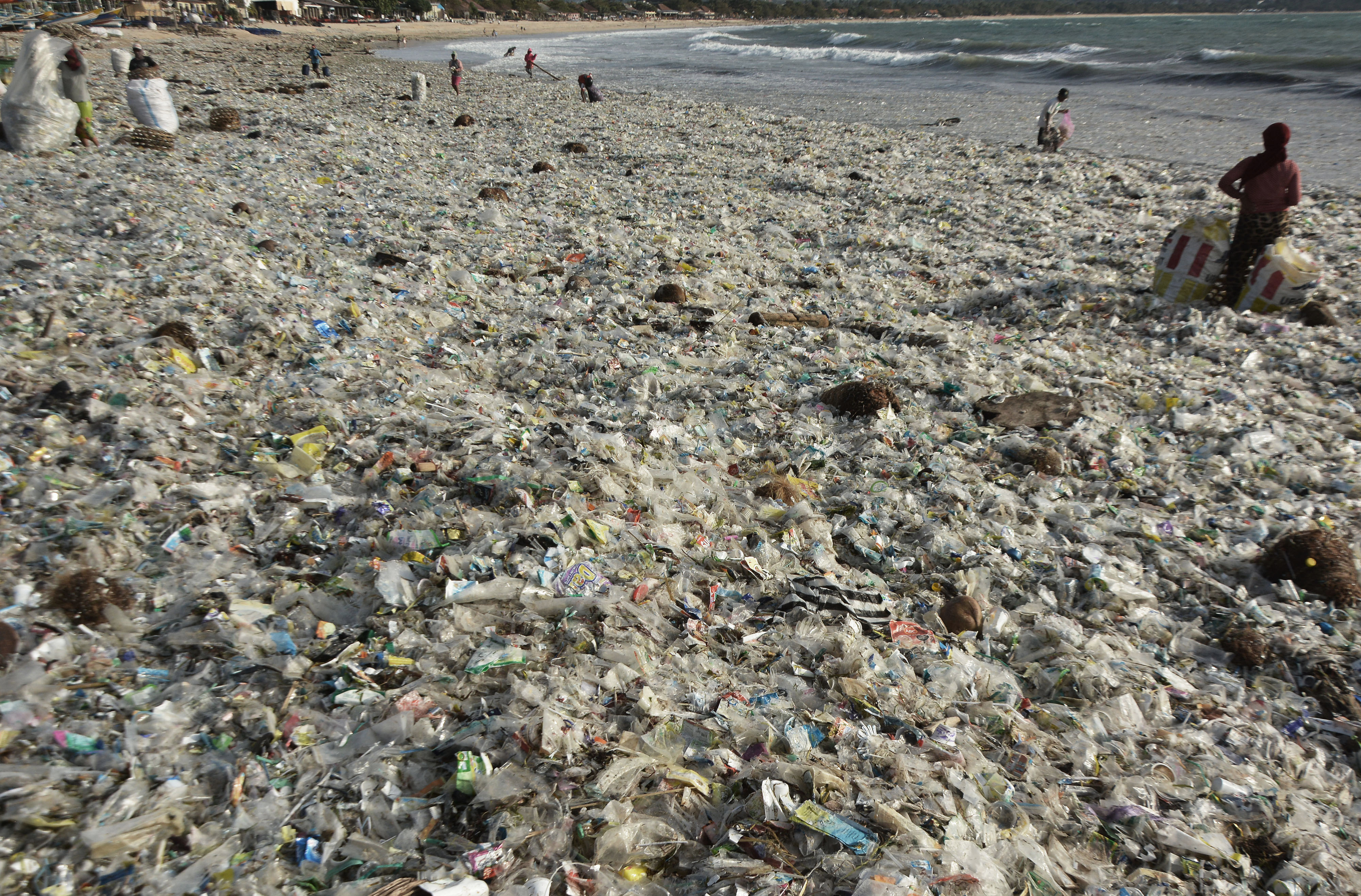 Sejumlah warga memungut sampah plastik yang berserakan di kawasan Pantai Kedonganan, Badung, Bali