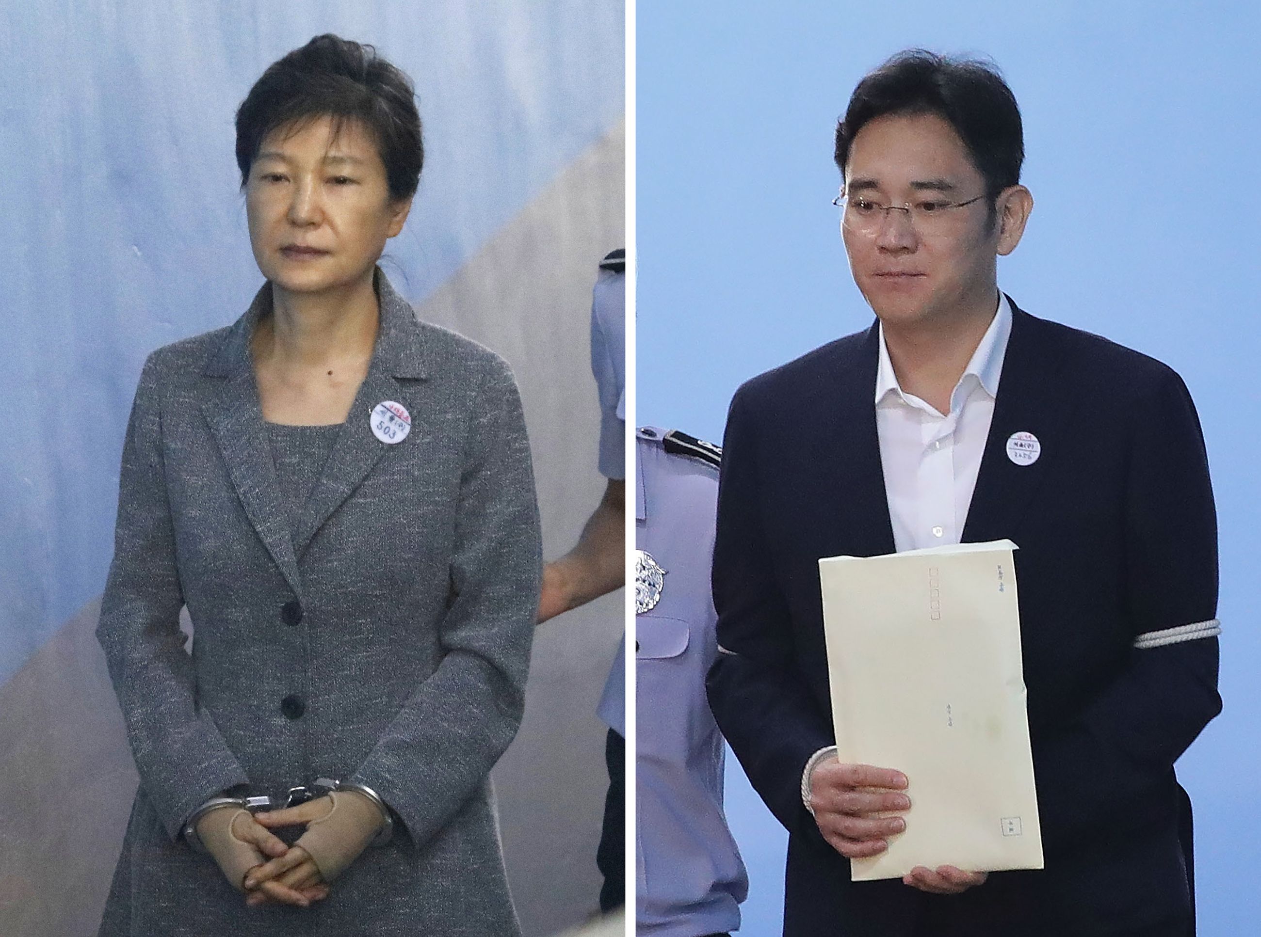  Mantan Presiden Korsel Park Geun-hye (kiri) diborgol dan pemegang hak waris Samsung Group, Lee Jae-yong (kanan) jelang disidang.