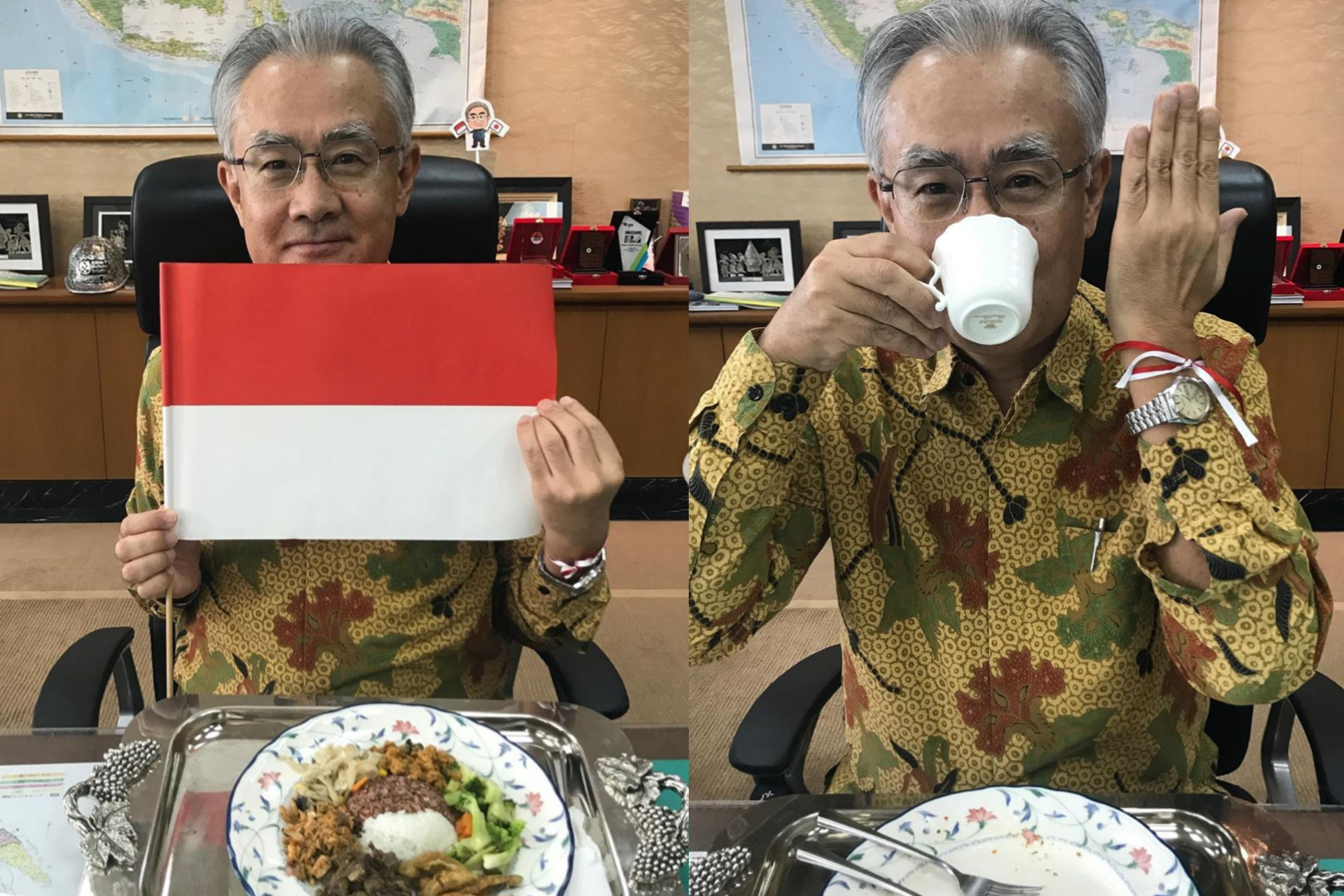 Dubes Jepang untuk Indonesia, Ishii Masafumi bersantap siang dengan makanan Indonesia.