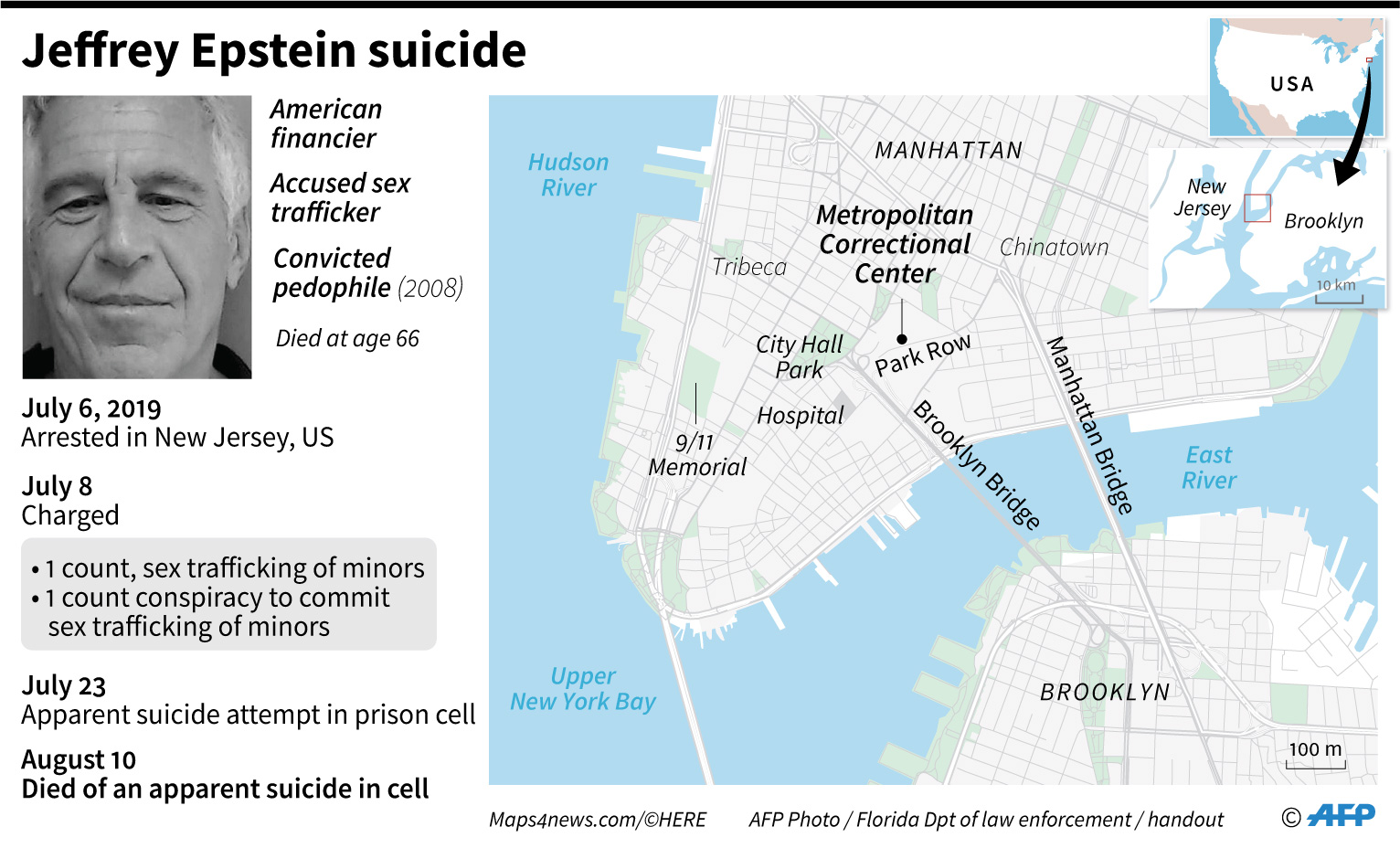 Peta dan garis waktu yang mengarah pada bunuh diri nyata pemodal AS dan menuduh pelaku perdagangan seks Jeffrey Epstein