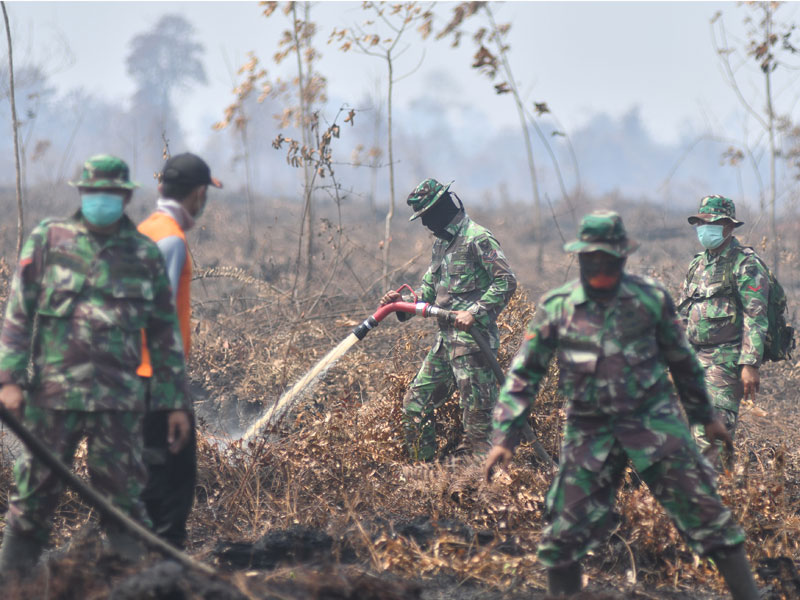 Prajurit TNI dan petugas BPBD Muaro Jambi melakukan pendinginan di bekas lokasi lahan gambut yang terbakar.