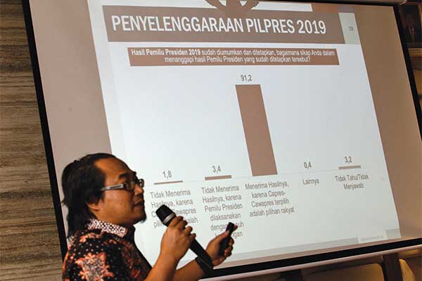 Managing Director Cyrus Network Eko Dafi d Afi anto menyampaikan hasil rilis survei nasional pasca-Pemilu 2019 di Jakarta, kemarin.