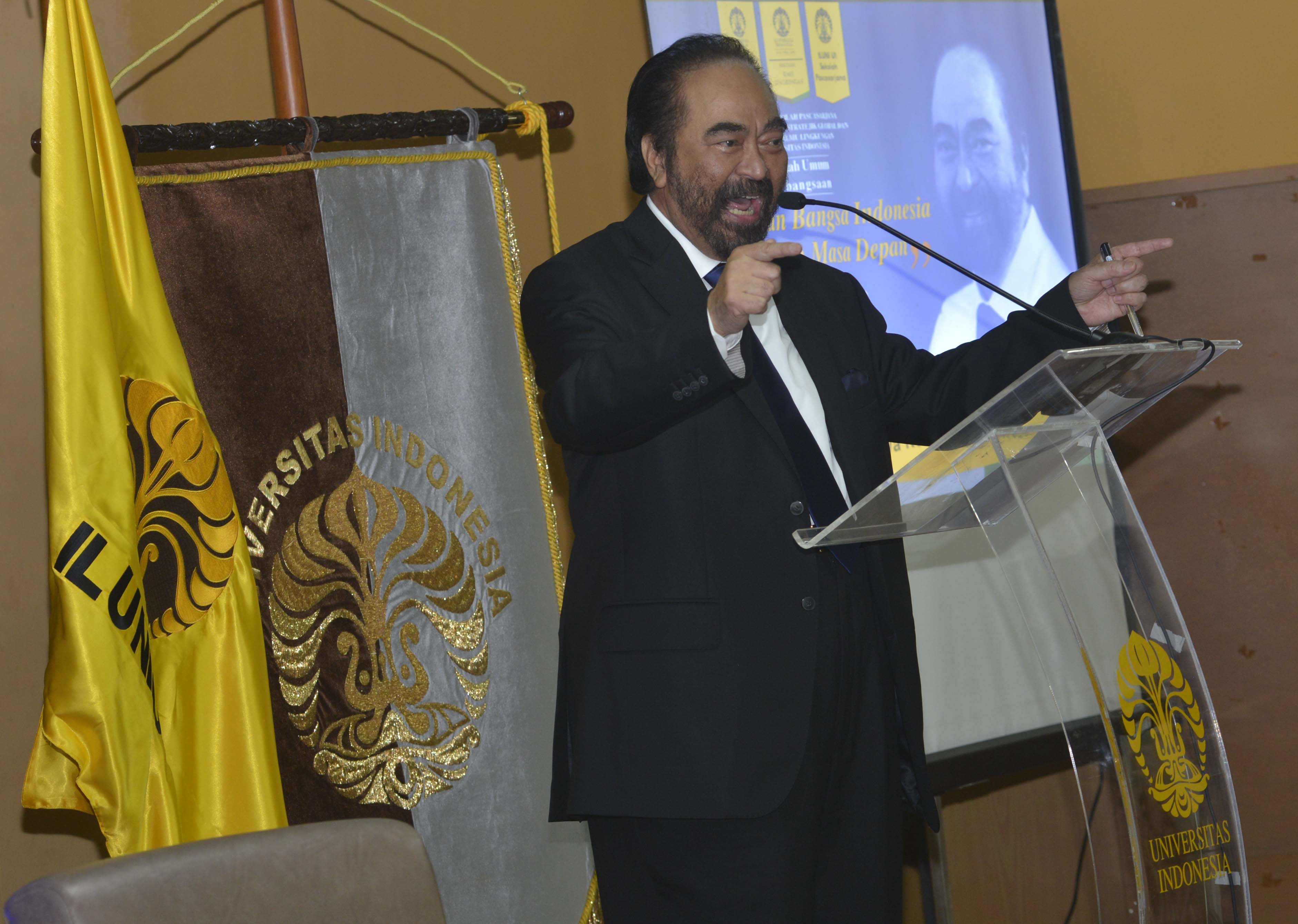 Ketua Umum Partai NasDem Surya Paloh saat memberikan kuliah umum di Universitas Indonesia