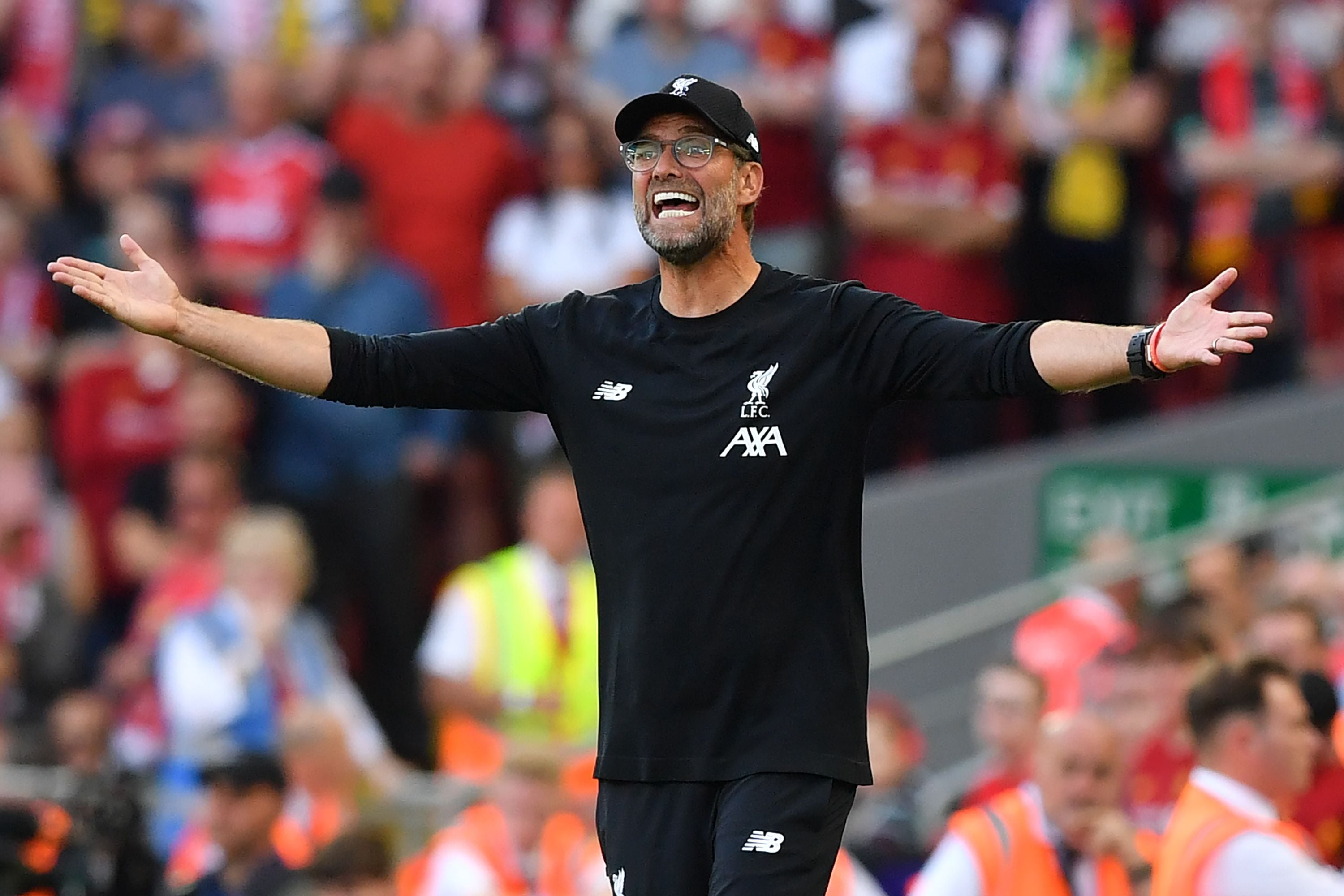 Ekspresi pelatih Liverpool Jurgen Klopp saat timnya melawan Arsenal.  