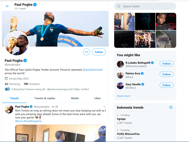 Akun Twitter milik gelandang Manchester United Paul Pogba