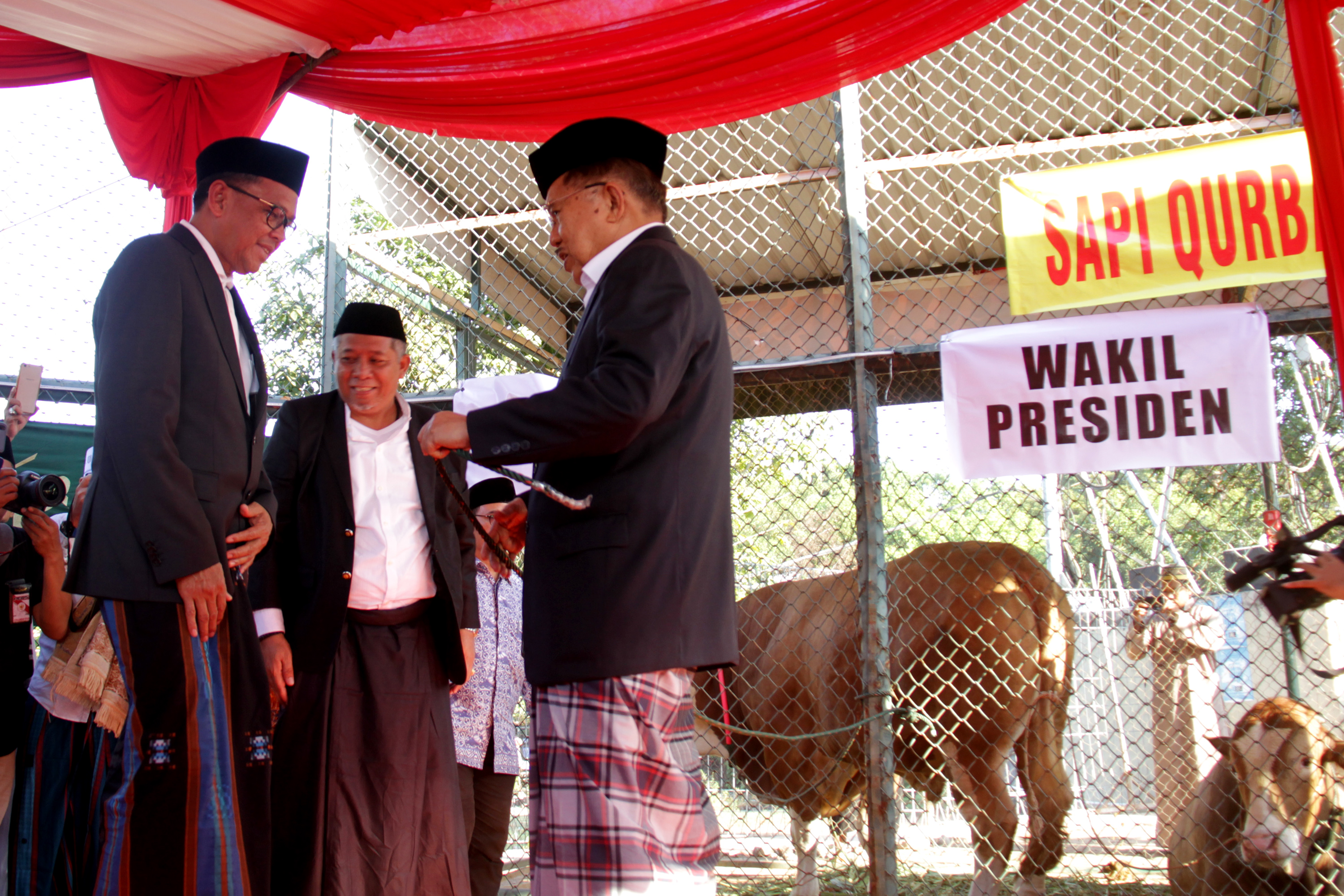  Wakil Presiden Jusuf Kalla (kanan) menyerahkan sapi kurban secara simbolis kepada Gubernur Sulawesi Selatan Nurdin Abdullah (kiri)