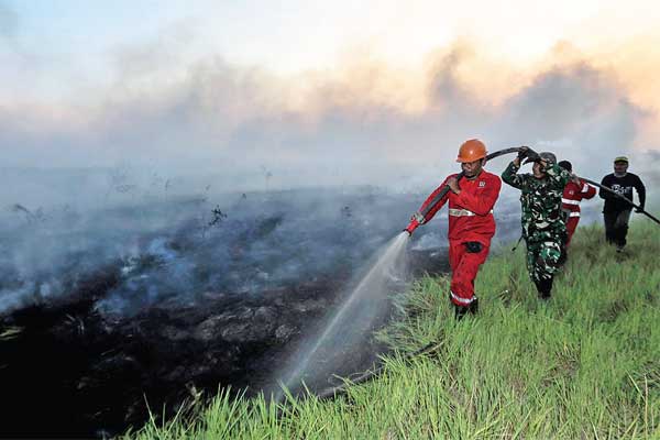 Petugas gabungan dari TNI dan Manggala Agni Daops Banyuasin memadamkan api di Desa Muara Baru Dua, Pemulutan, Ogan Ilir, Sumsel, kemarin.