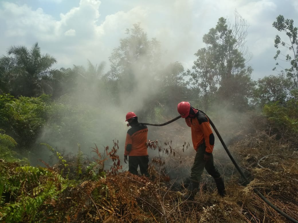 Personel Manggala Agni Daops Pekanbaru sedang memadamkan api kebakaran lahan di Kabupaten Kampar, Riau.