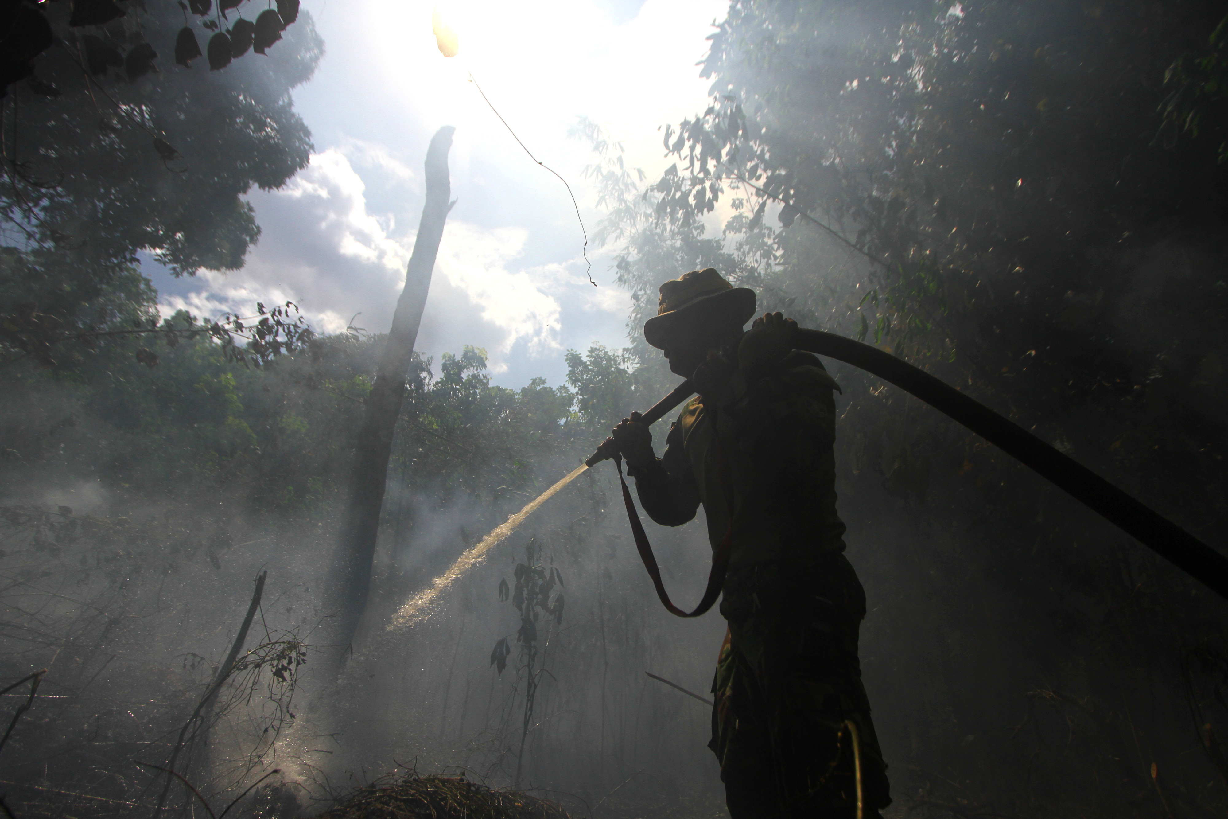 Personel TNI berupaya memadamkan Kebakaran hutan dan lahan (Karhutla) di kawasan Guntung Damar, Banjarbaru, Kalimantan Selatan, Rabu (25/9)