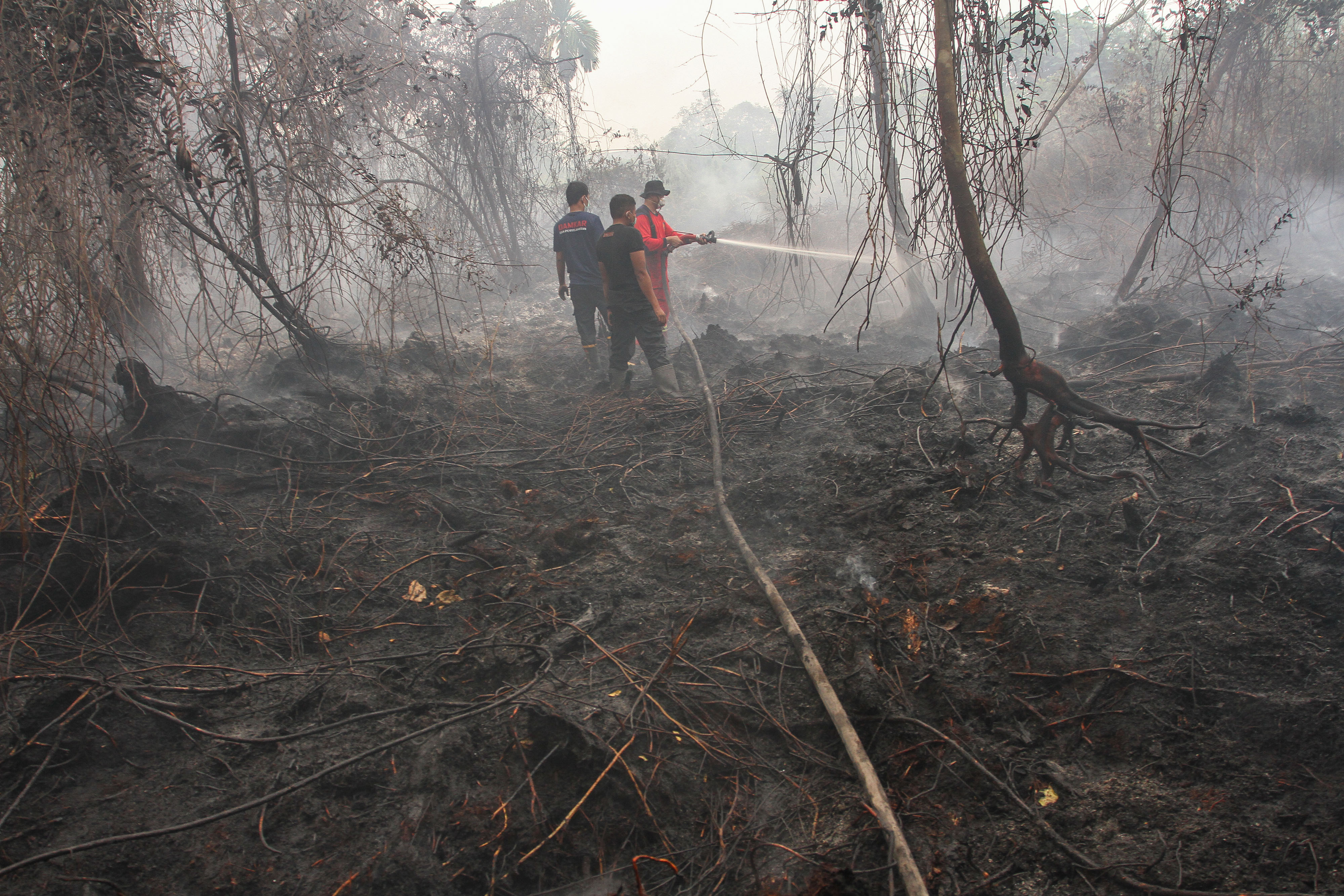 Satgas Karhutla Riau berupaya melakukan pemadaman di tengah pekatnya asap kebakaran lahan gambut di Pekanbaru, Riau.