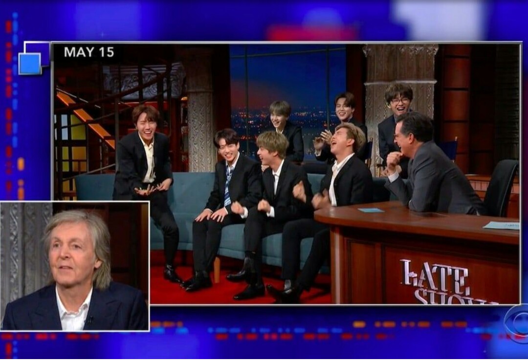 Paul McCartney saat menyaksikan rekaman penampilan BTS yang muncul di acara The Late Show with Stephen Colbert.