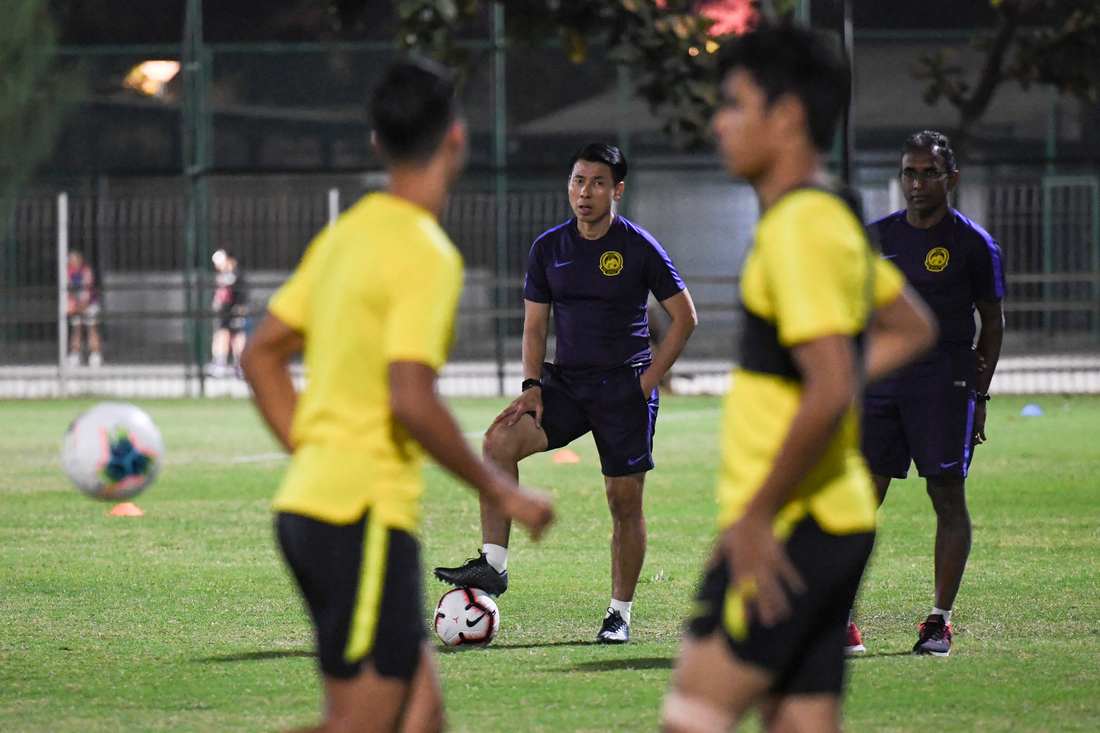 Pelatih Malaysia Tan Cheng Ho saat memimpin latihan tim nasional Malaysia