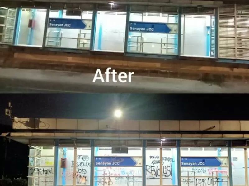 Kondisi Halte Transjakarta di Slipi yang mengalami kerusakan akibat demonstrasi (bawah) dan sesudah diperbaiki.
