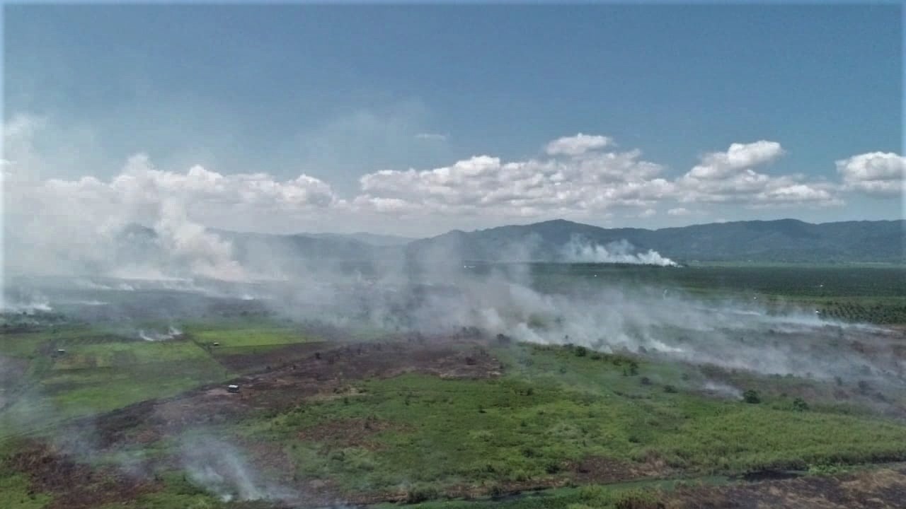 Foto udara, salah satu titik api yang masih membakar lahan gambut di Kecamatan Lalolae, Kolaka Timur, Sulawesi Tenggara, Minggu (8/9).