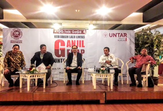 Diskusi 'Kebijakan Lalu Lintas Ganjil Genap Untuk Siapa?' yang digelar GO Indonesia di Universitas Tarumanagara, Jakarta, Kamis (5/9).