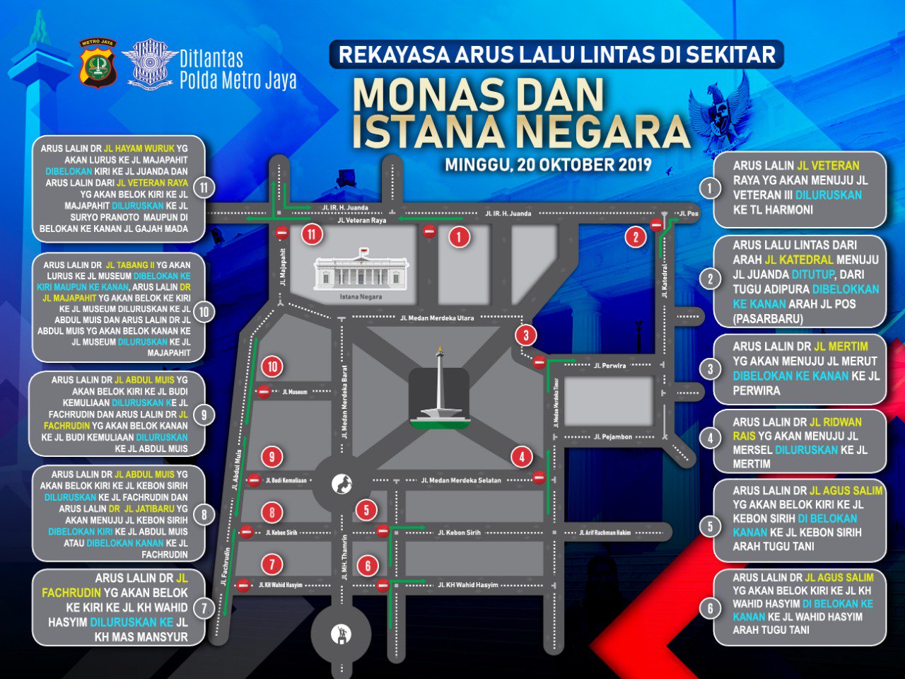 Inilah rekayasa arus lalu lintas seputar Monas dan Istana Negara hari ini, Minggu (20/10). 