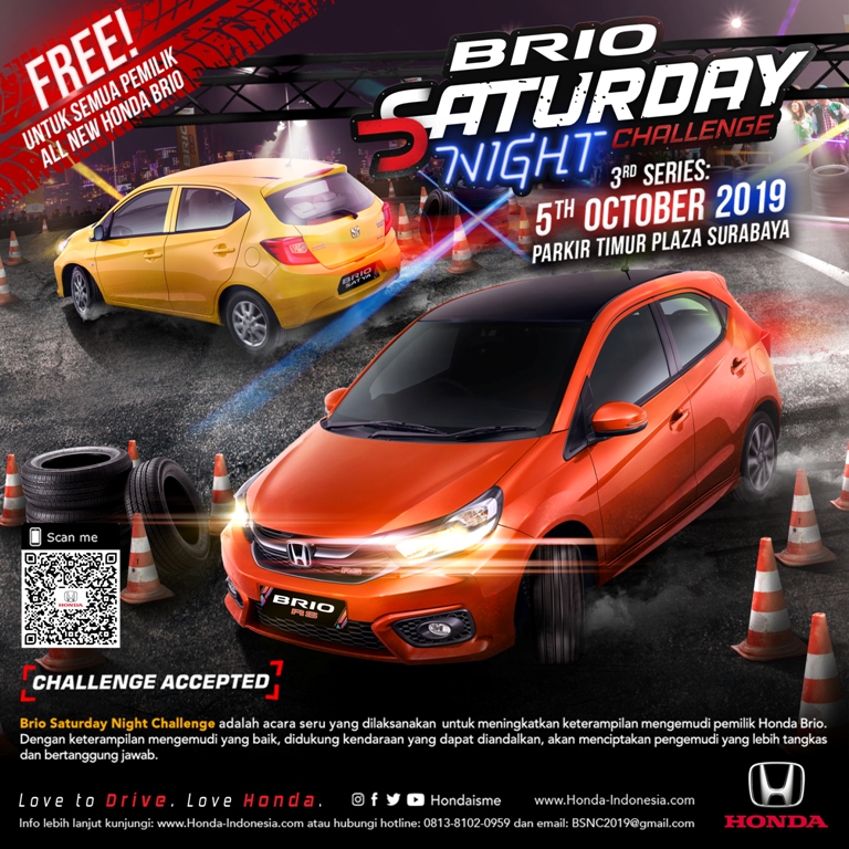 Babak ketiga Brio Saturday Night Challenge akan hadir di Parkir Timur Plaza Surabaya, pada Sabtu (5/10). 