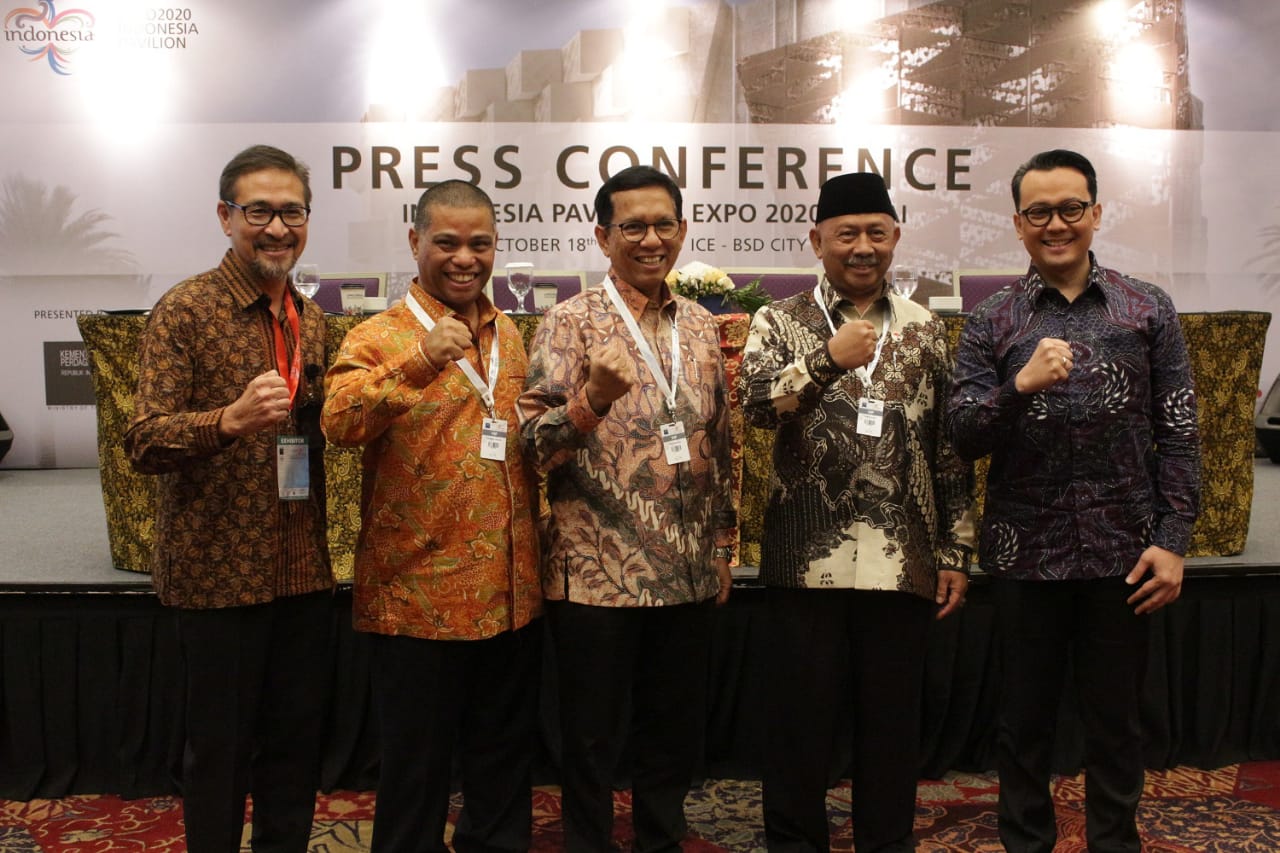 Konferensi pers tentang Pavilliun Indonesia pada Expo 2020 Dubai di di ICE BSD City, Tangerang Selatan. 