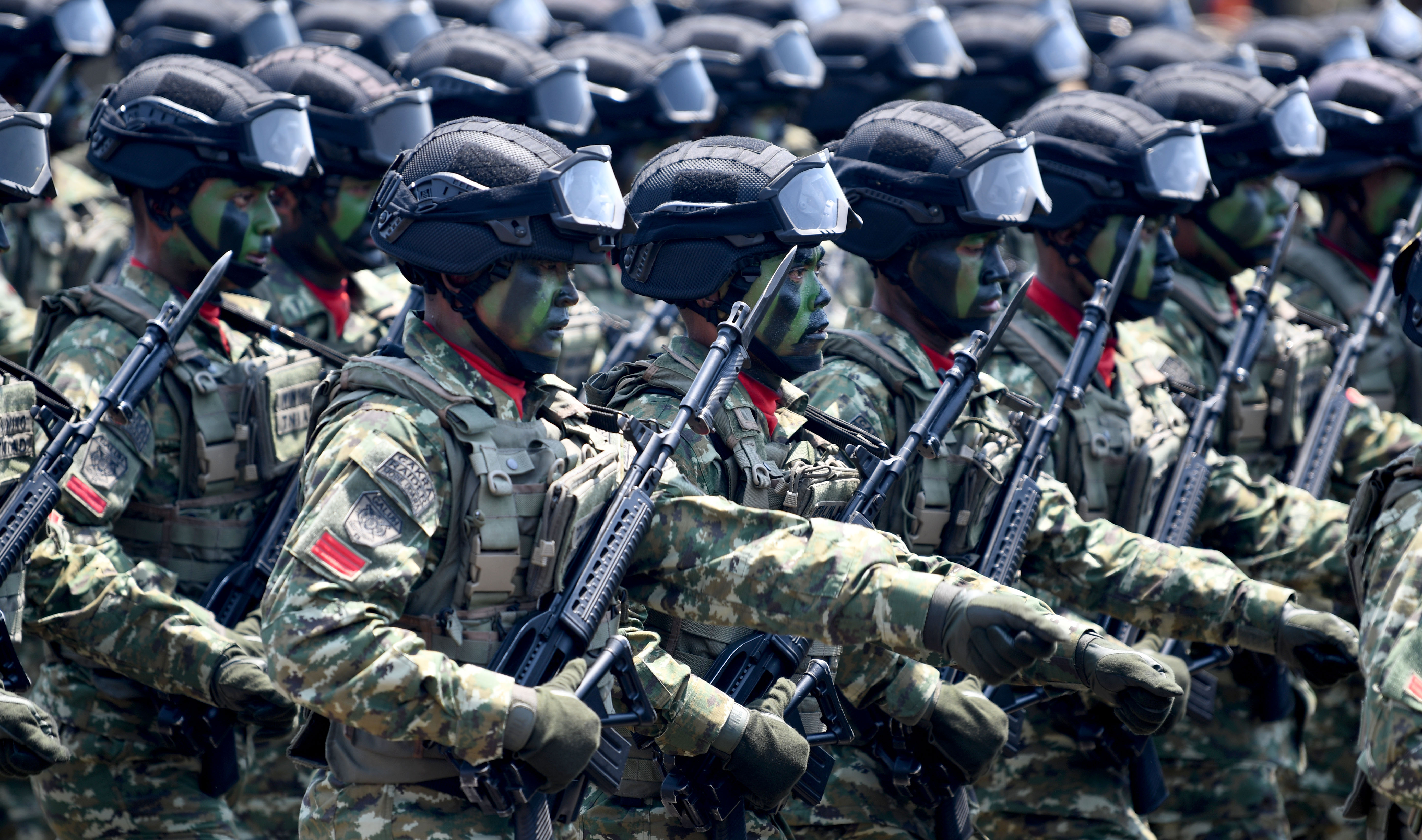 Prajurit TNI AD saat Upacara Perayaan HUT Ke-74 TNI di Lanud Halim Perdanakusuma, Jakarta Timur, Sabtu (5/10/2019). 