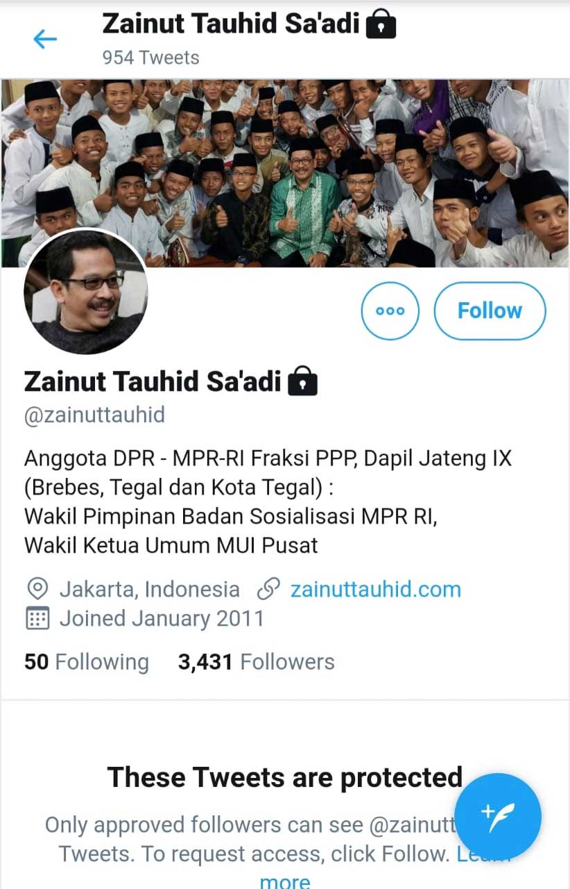 Akun Twitter resmi milik Zainut Tauhid Sa
