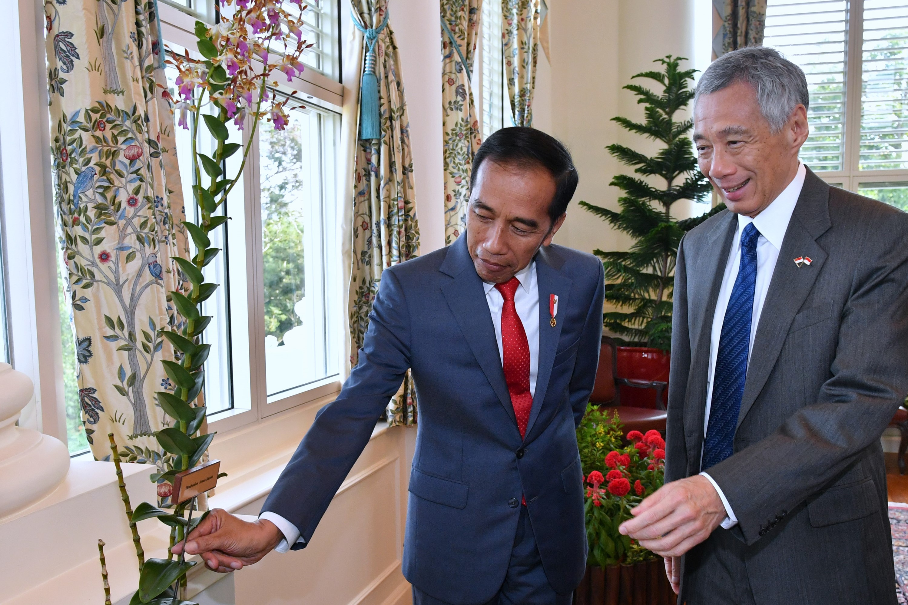Presiden Joko Widodo bersama Perdana Menteri Singapura Lee Hsien Loong di sela-The Istana, Singapura, Selasa (8/10/2019). 