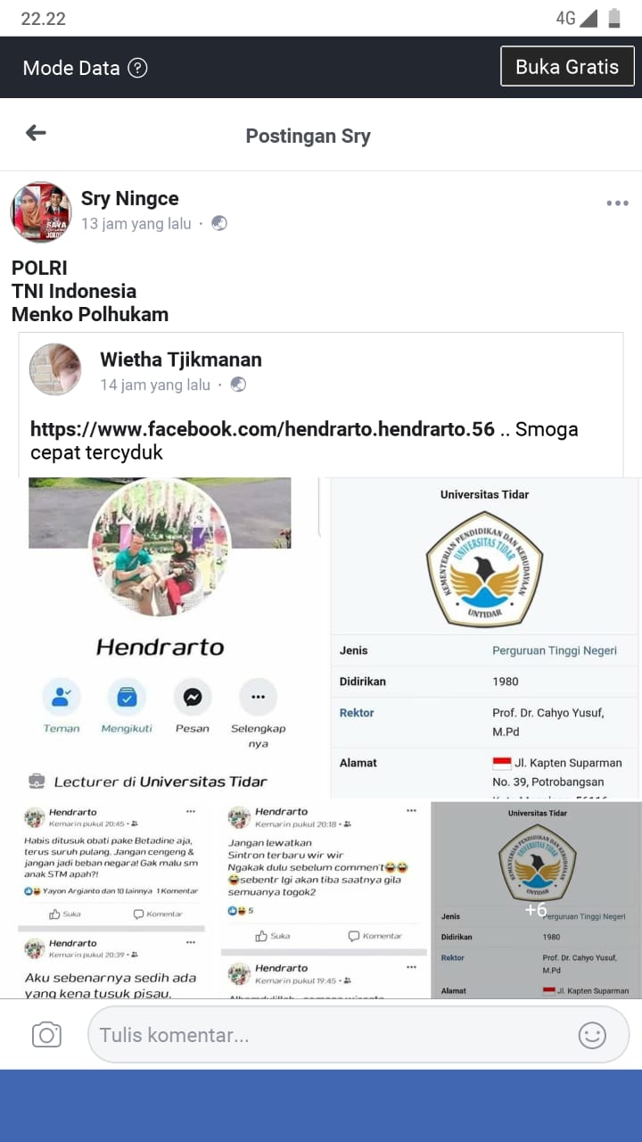 Komentar yang ditulis Hendrarto, dosen Universitas Tidar Magelang terkait penusukan yang menimpa Menkopolhukam Wiranto