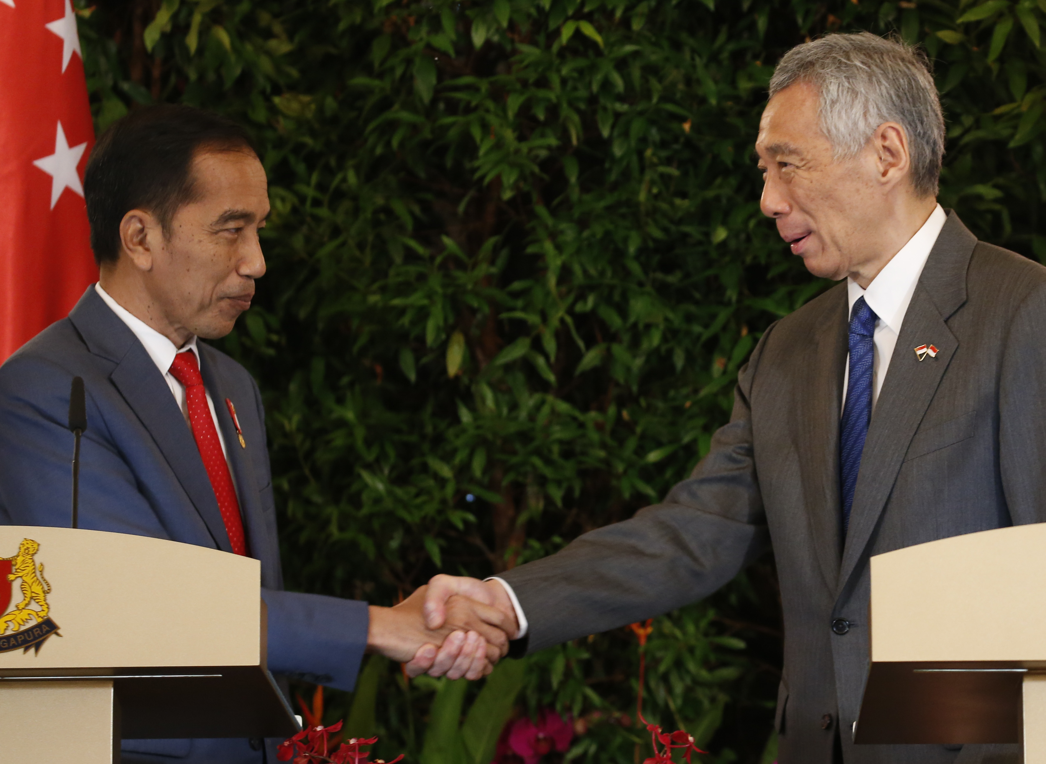 Presiden Joko Widodo (kiri) bersama Perdana Menteri Singapura Lee Hsien Loong
