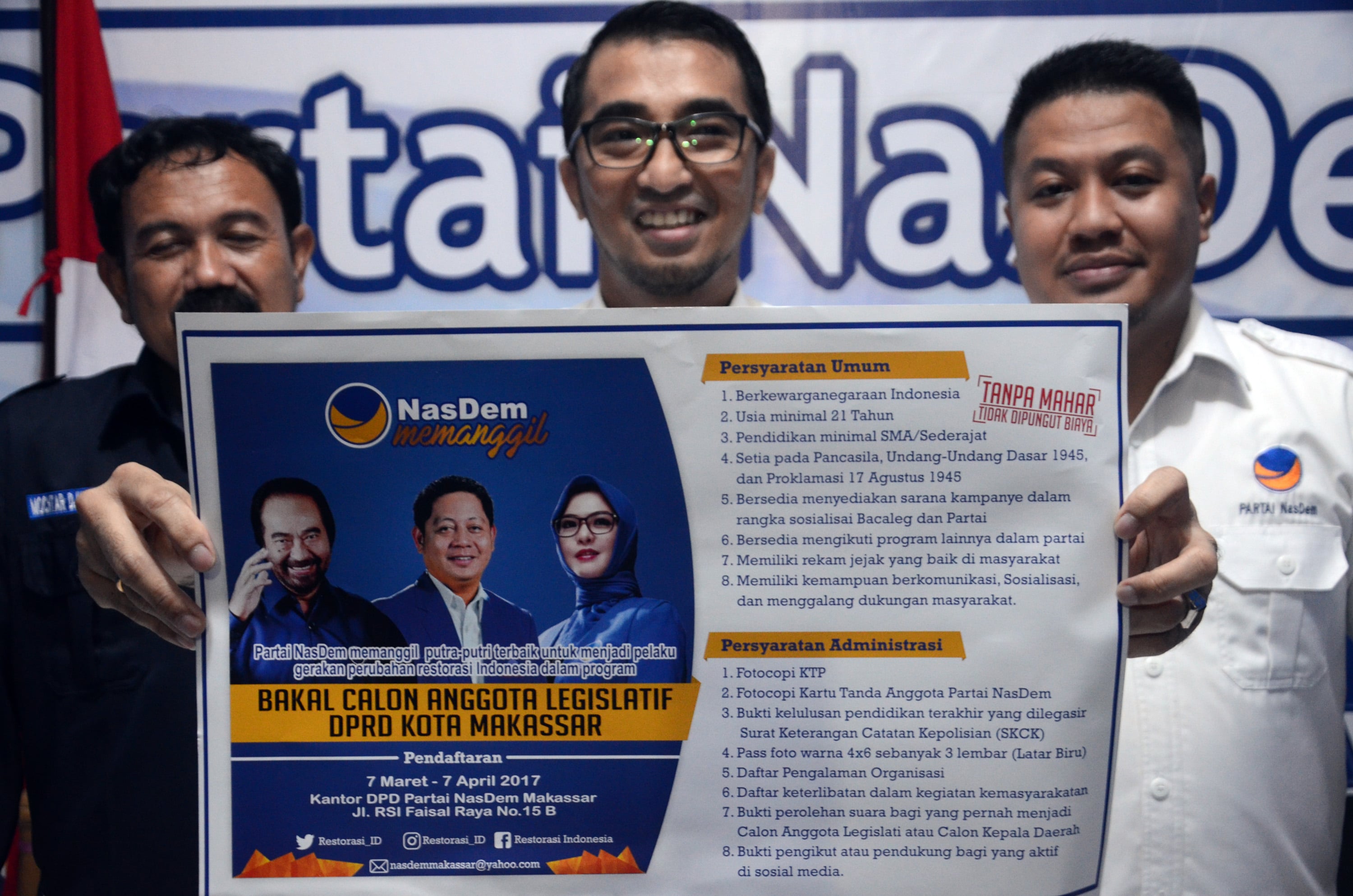 DPD Partai Nasdem Kota Makassar membuka pendaftaran bagi Bacaleg untuk Pemilu 2019 tanpa mahar atau uang pendaftaran