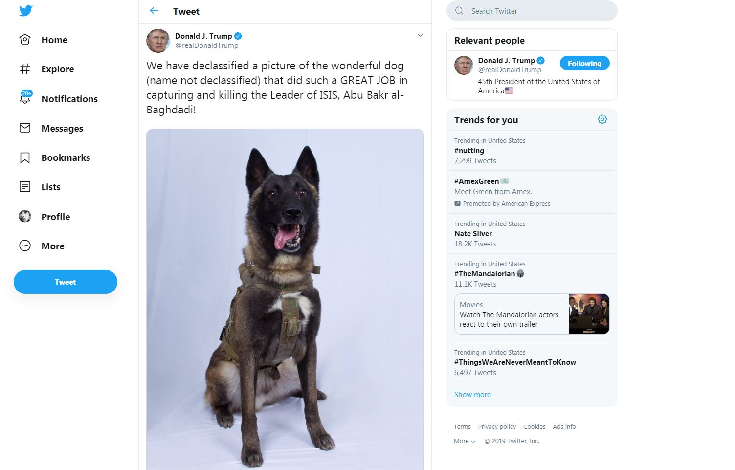 Screenshot dari cicitan Donald Trump mengenai anjing yang berjasa dalam operasi militer AS yang menewaskan Abu Bakr Al-Baghdadi
