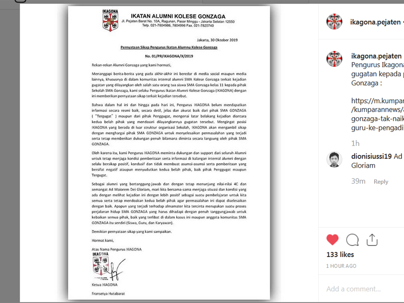 Pernyataan resmi Ikagona terkait gugatan orangtua murid terhadap SMA Gonzaga