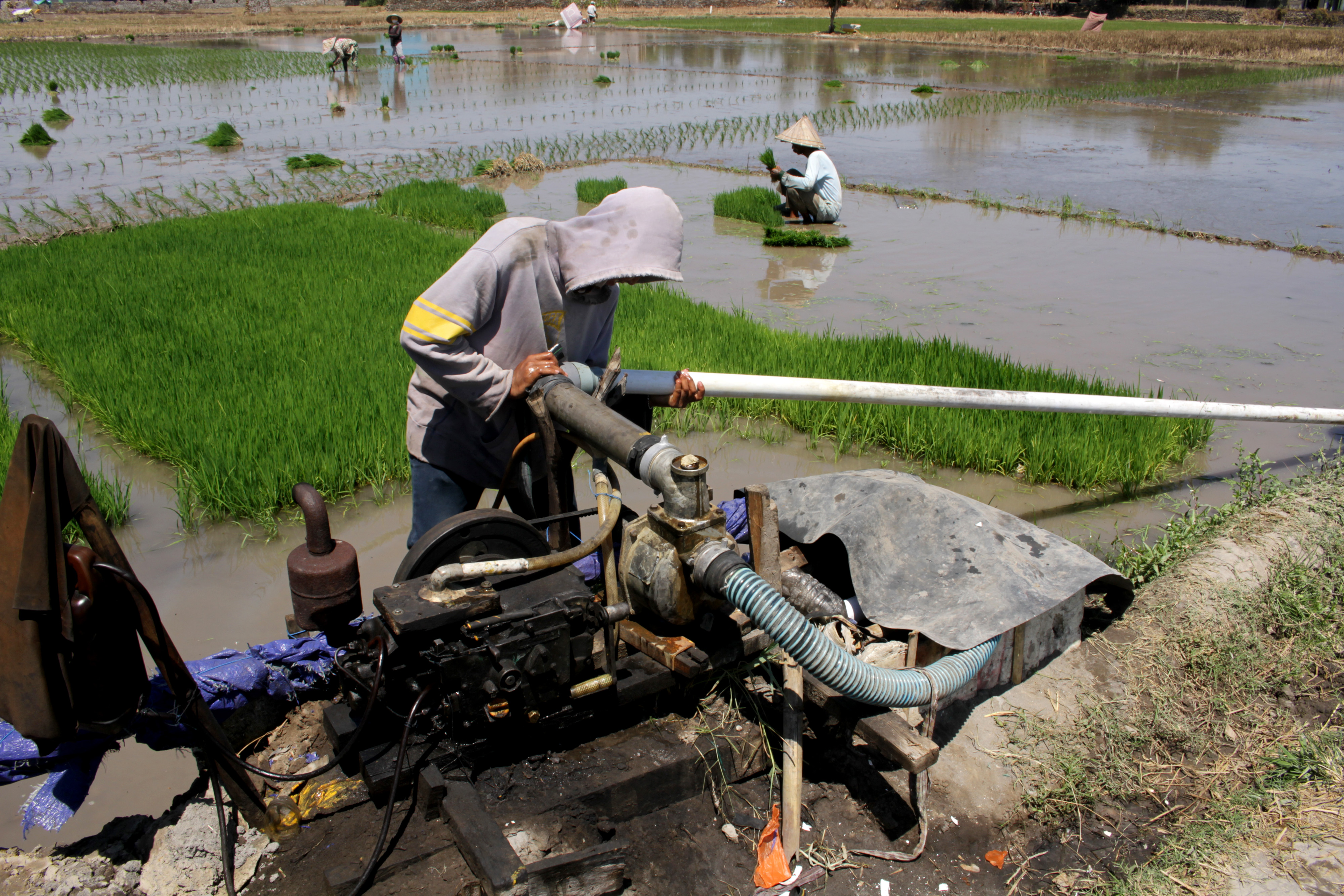 Petani memperbaiki instalasi mesin pompa air untuk mengairi area persawahan 