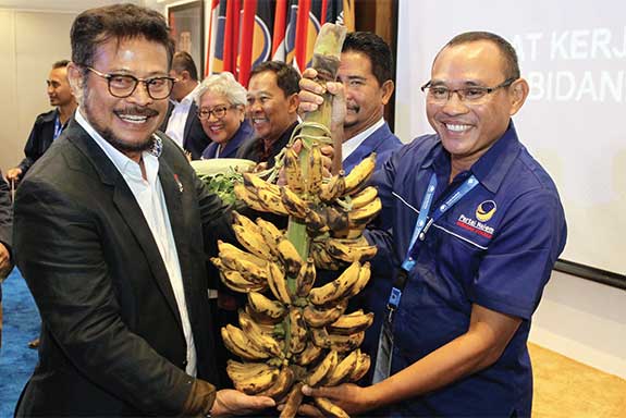 Ketua Bidang Otonomi Daerah DPP Partai NasDem Syahrul Yasin Limpo (kiri) memberikan setandan pisang kepada kader Partai NasDem 