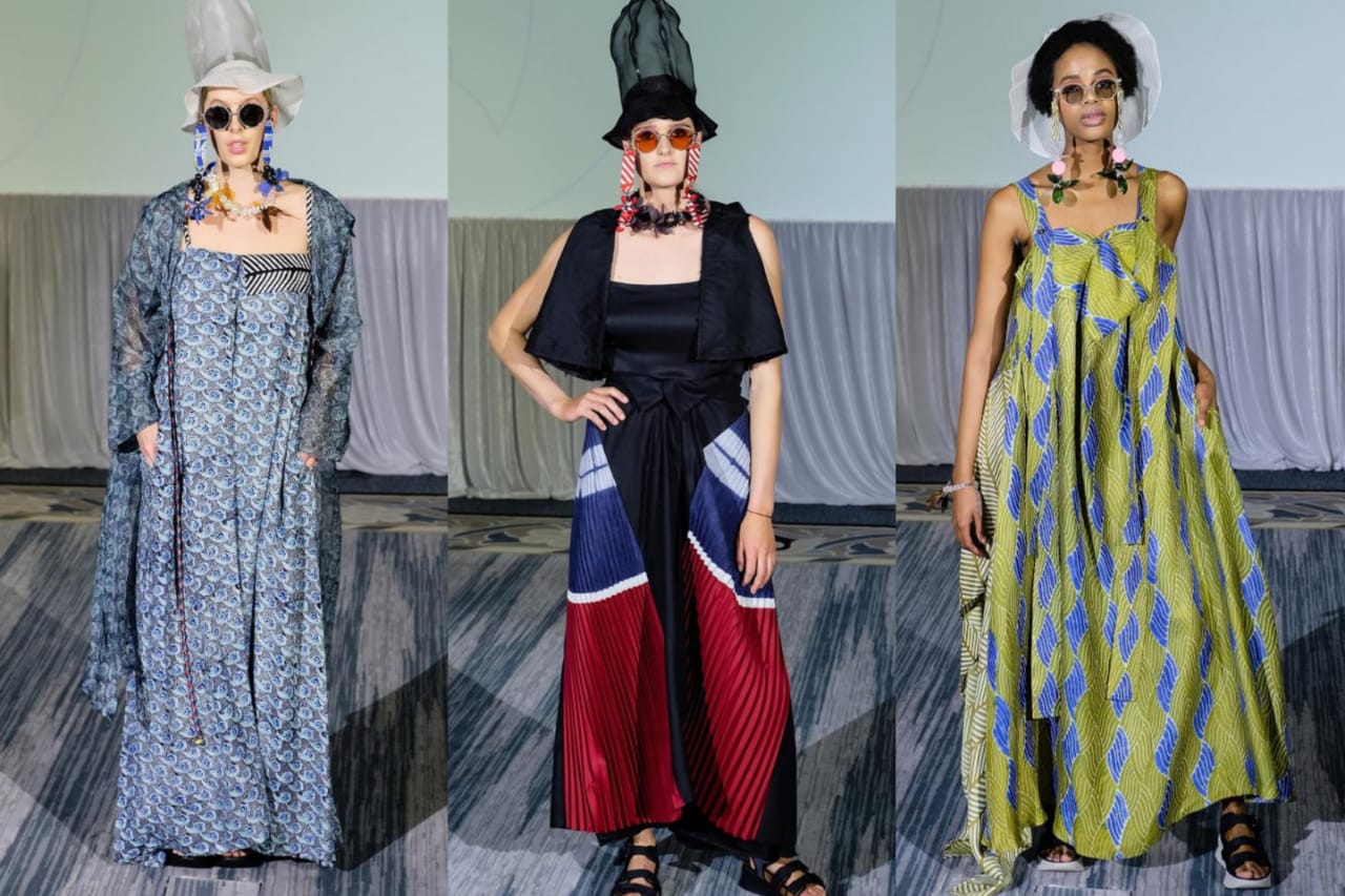 Koleksi Purana yang dipegarakan di Africa Fashion Exchange (AFX) di Durban, Afrika Selatan, pada Jumat (18/10).